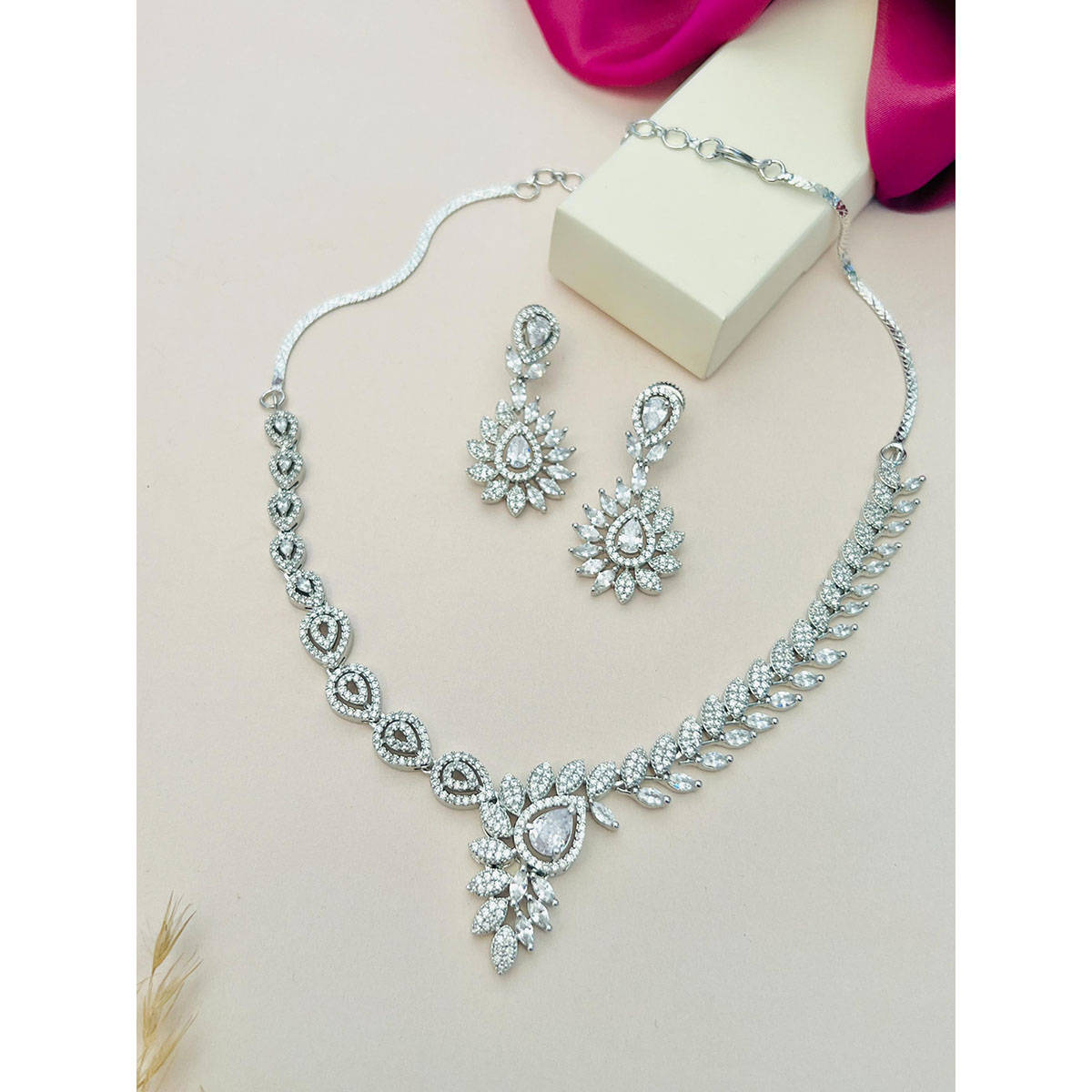 Abdesigns White Silver Plated American Diamond Jewellery Set