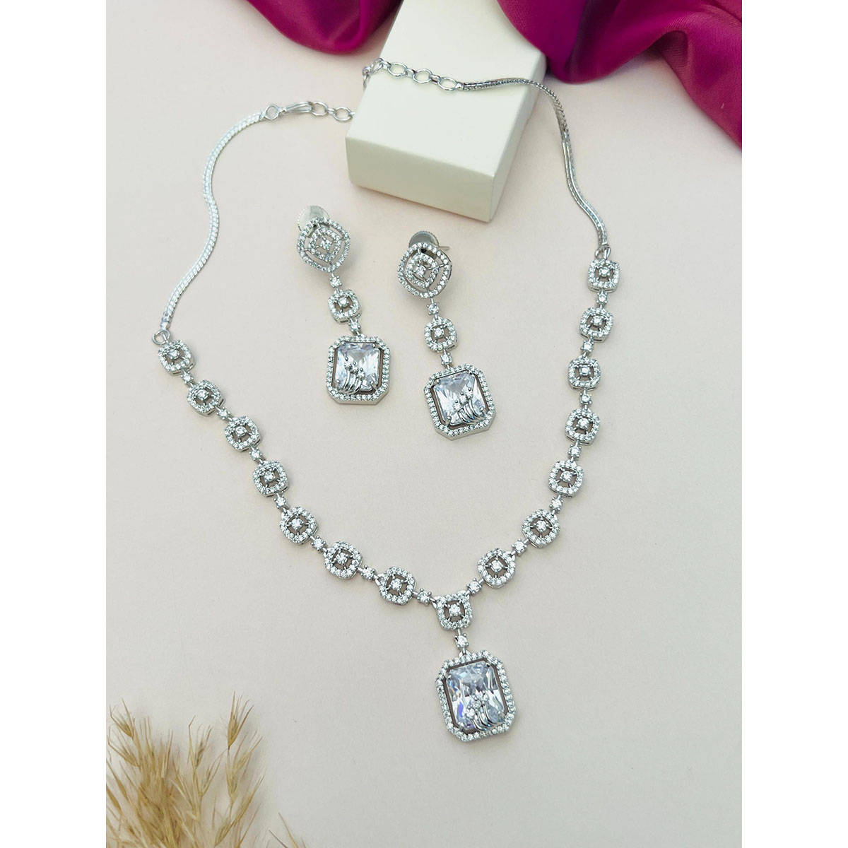 Abdesigns White Silver Plated American Diamond Jewellery Set