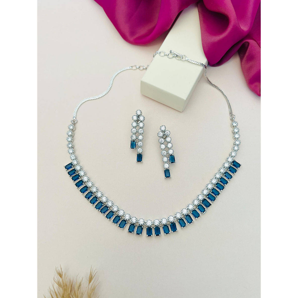 Abdesigns Blue Silver Plated American Diamond Jewellery Set