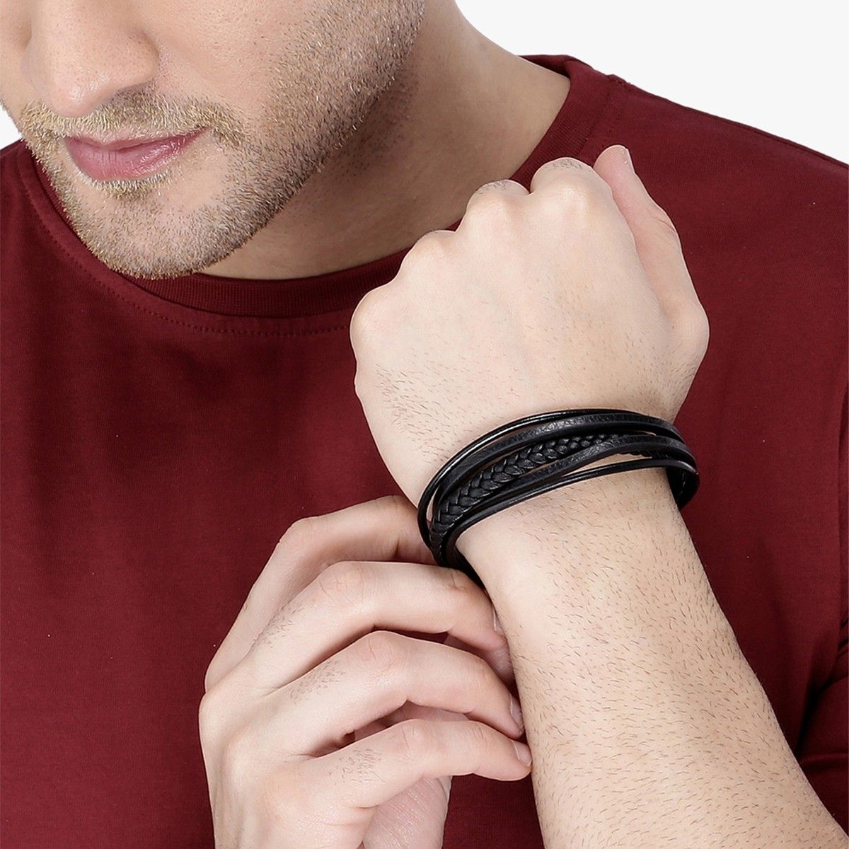 Men's Brown Leather Bracelet with Magnetic Stainless Steel Clasp - 8.5