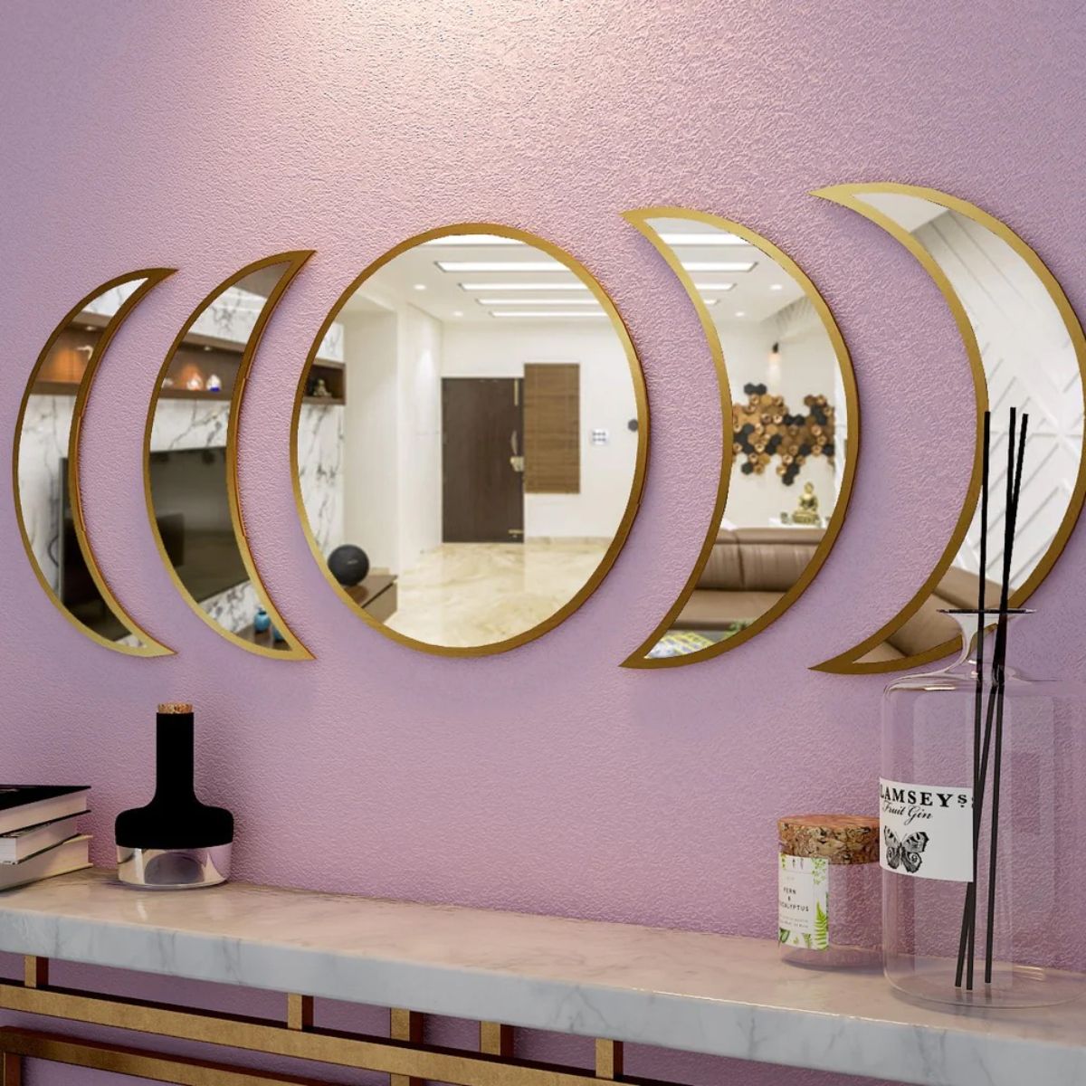 WallMantra Moon Cycle Designer Mirrors (Set of 5) in Golden Finish