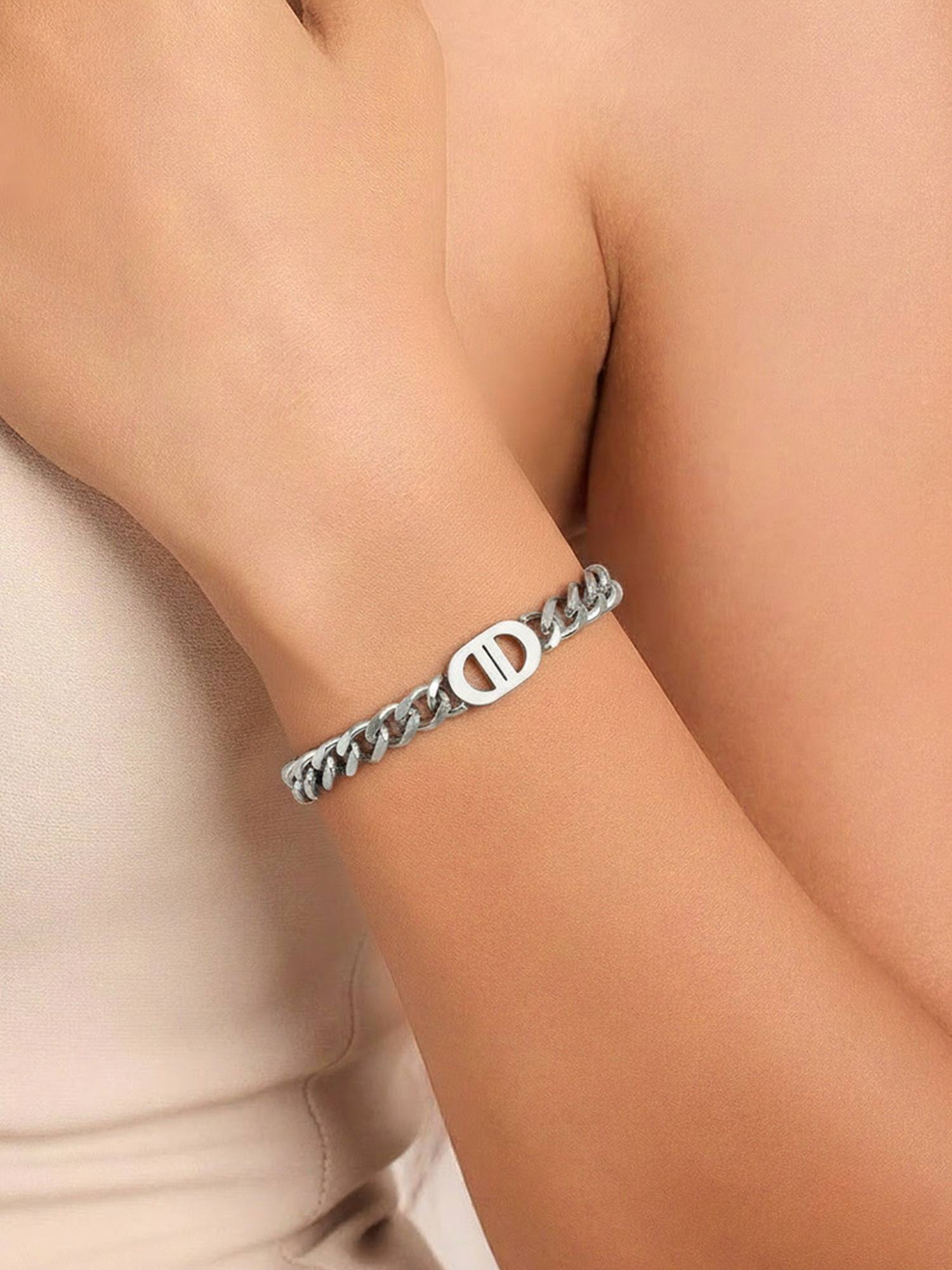 ELRA Rhodium Plated Cuban Plate Bracelet Stainless Steel Waterproof & Anti-Tarnish