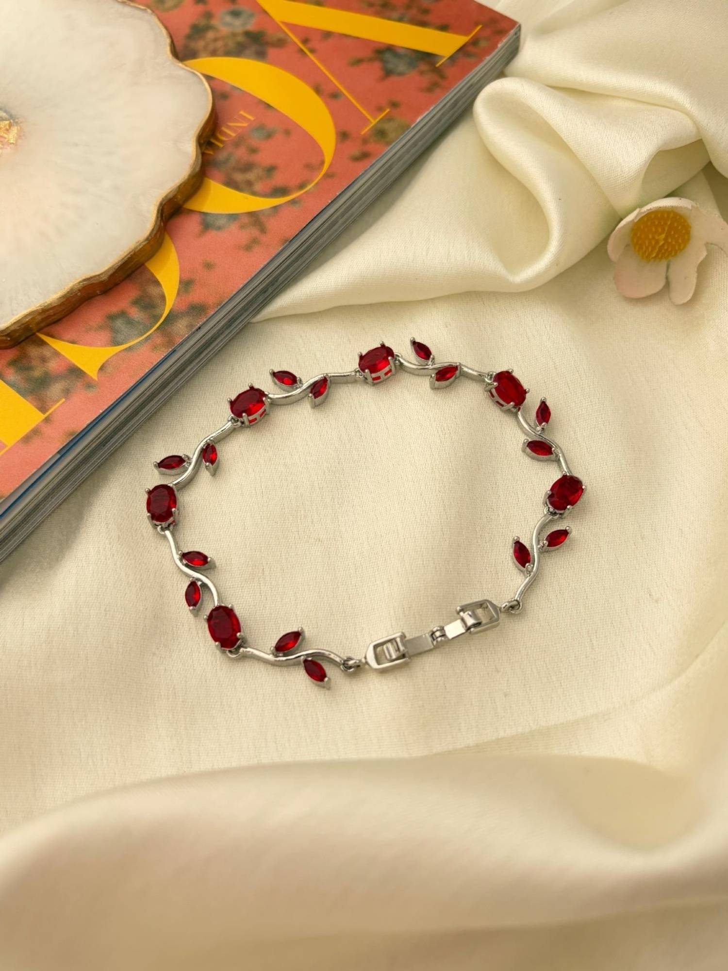 ISHKAARA Silver Plated Fairy Tulip Bracelet with Red Stone Bracelet for Women