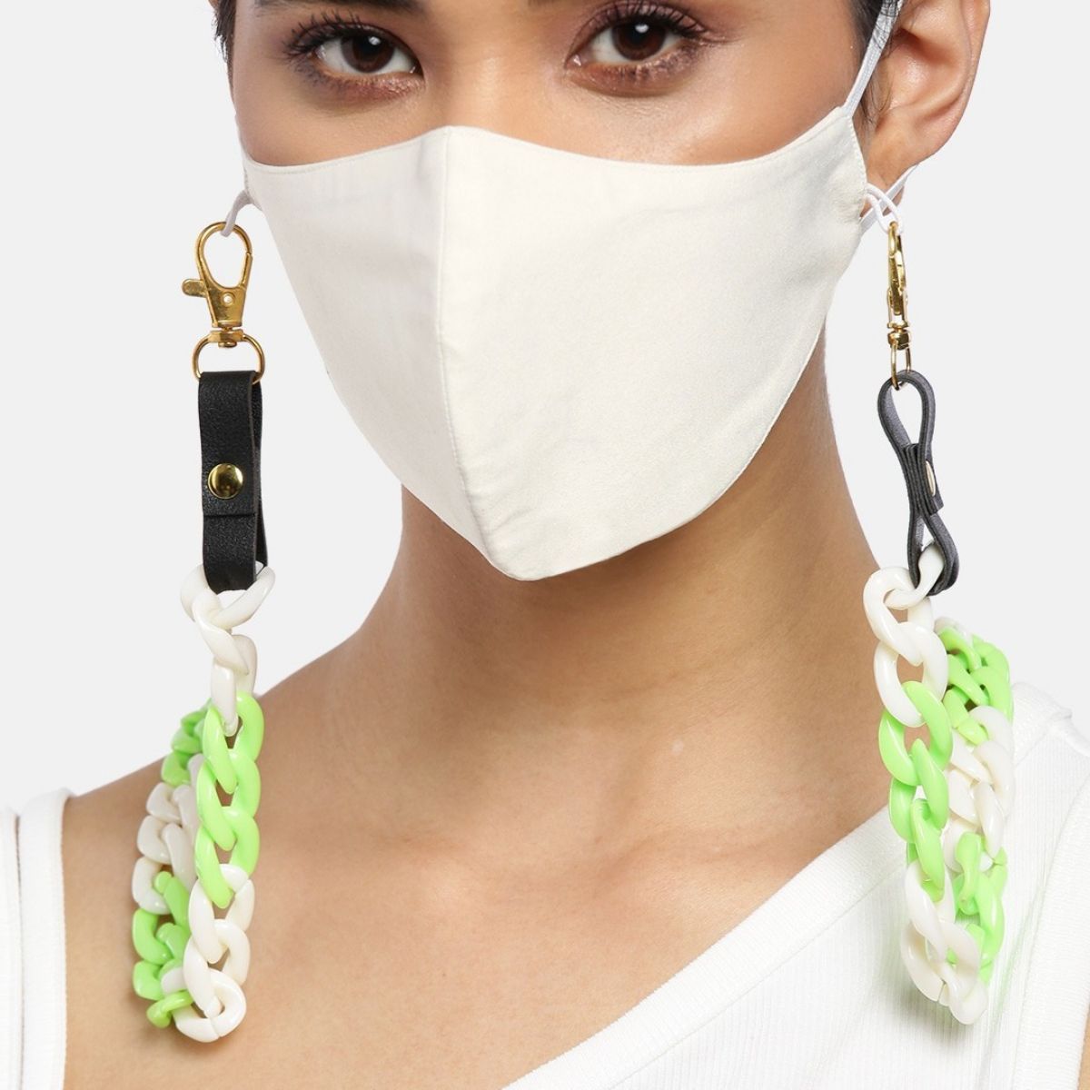 Blueberry White Reusable 2-Ply Satin Face Mask With Double Tone Chain