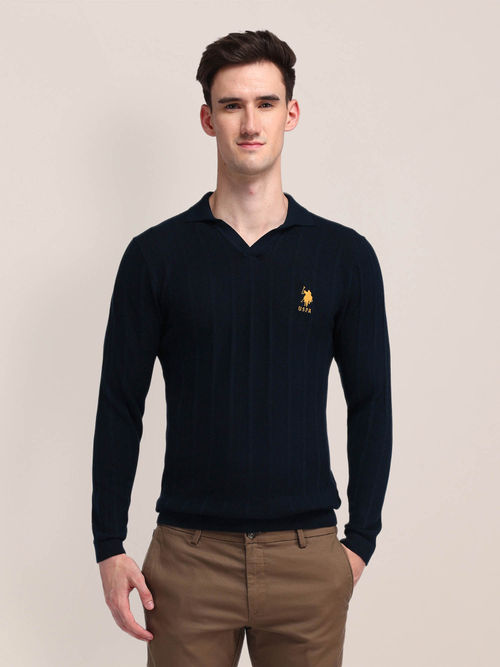 POLO Men Navy Blue Textured Sweater
