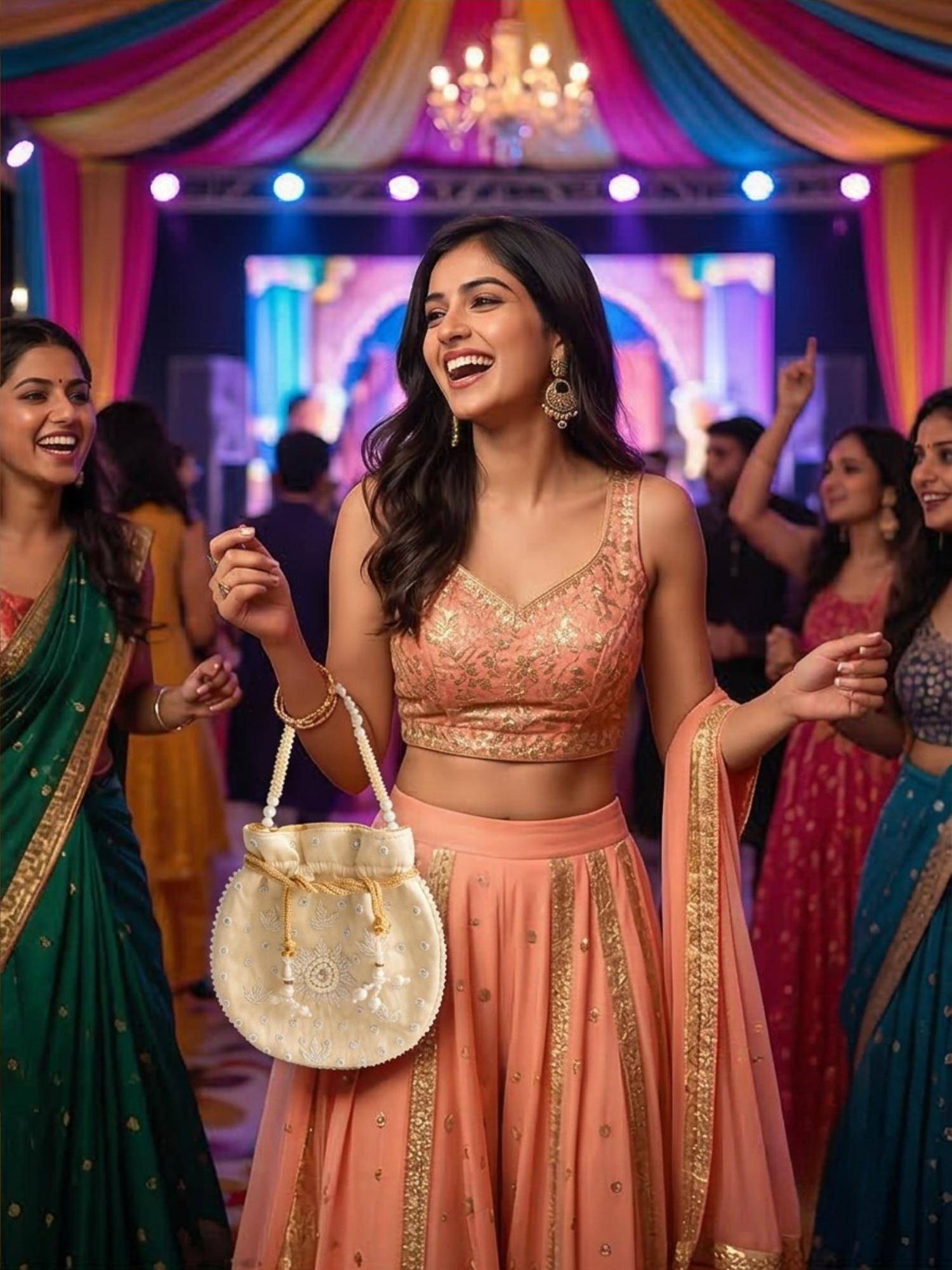 YELONA Women's Designer Potli Bag with Beaded Handle - Champagne Beige