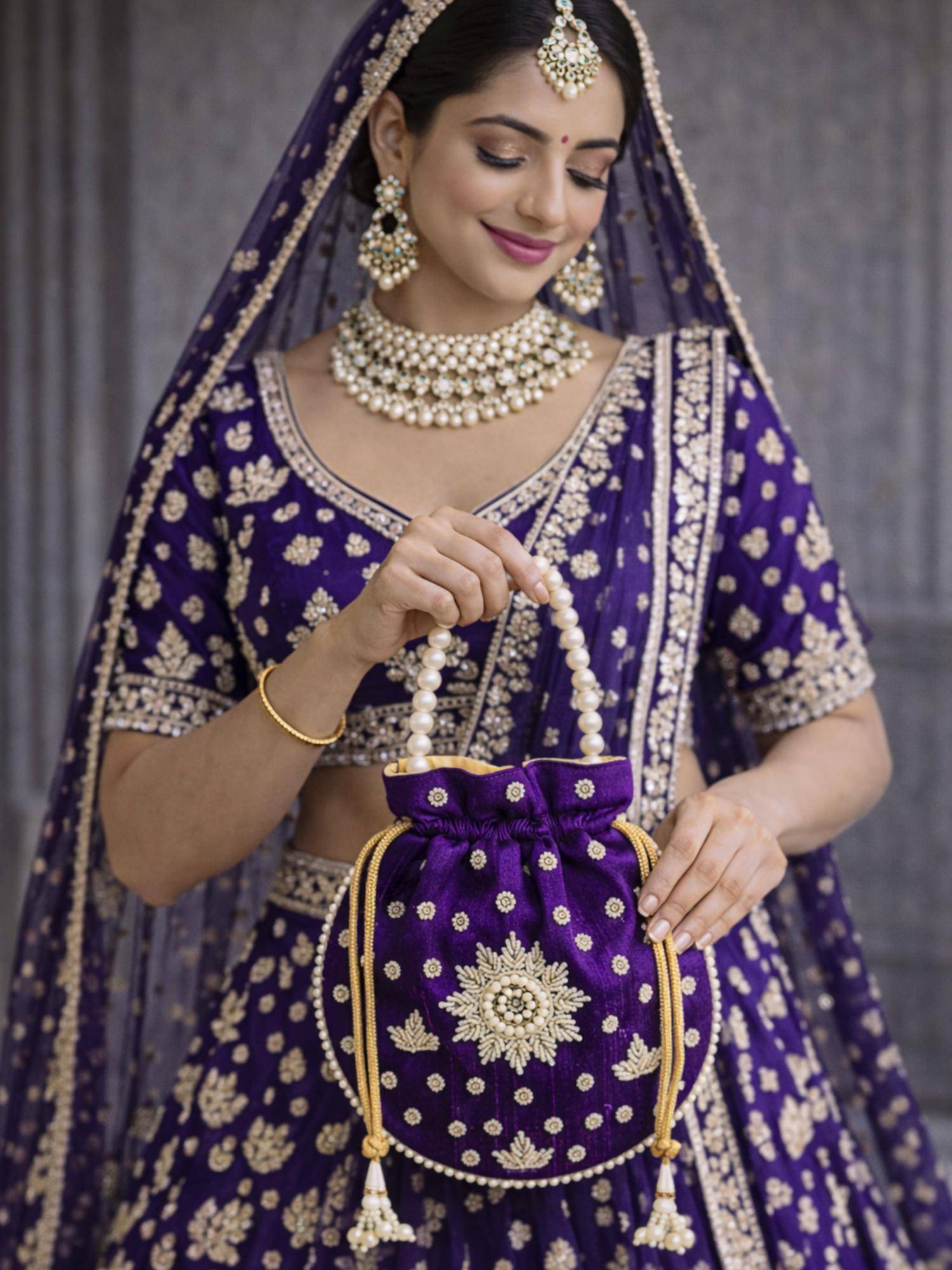 YELONA Women's Designer Potli Bag with Beaded Handle - Royal Purple