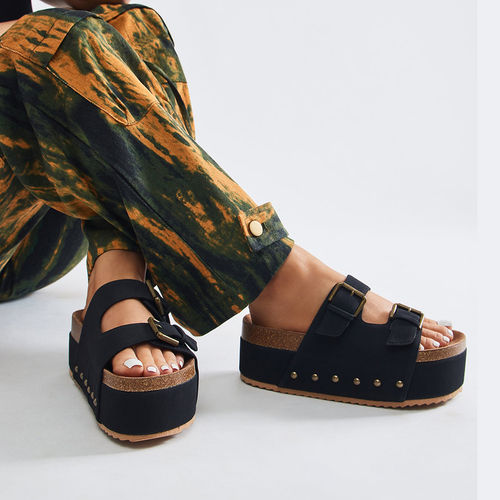 IRUSSH Black and Brown Strappy Flatform Sandals (EURO 38)