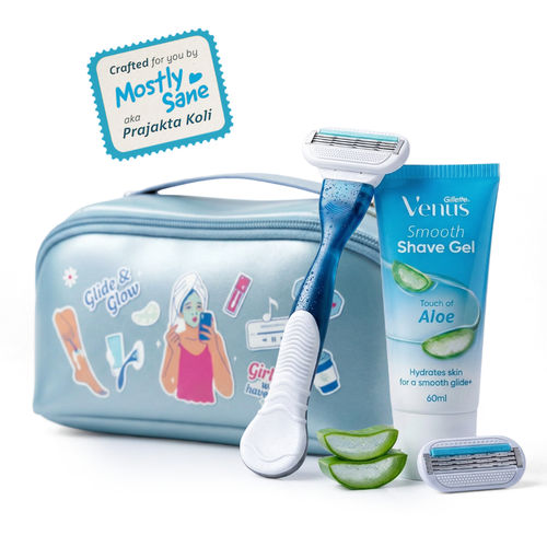 Gillette Venus Glow Regimen Kit - Smooth Sensitive Razor + Refill + Shave Gel & Prajakta Koli Pouch