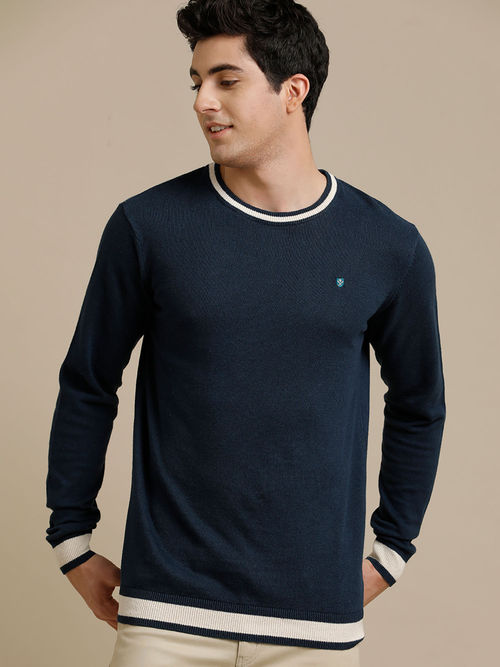 Buy Linen Club Flat Knit Crew Neck Navy Blue Solid Full Sleeve T