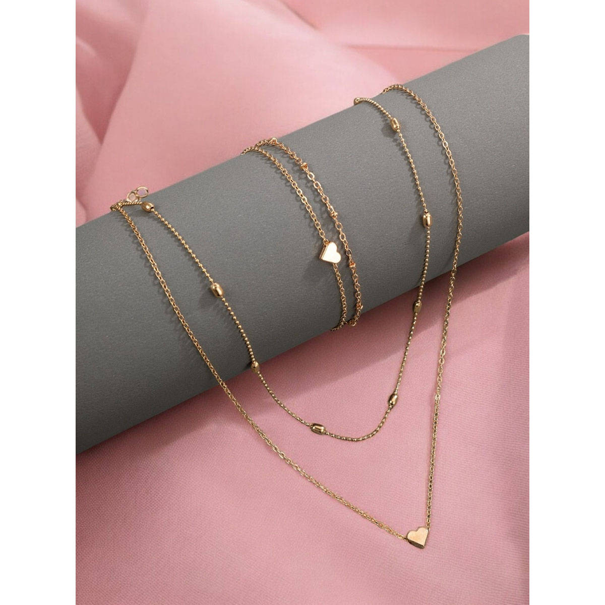 OOMPH Gold Tone Multi Layer Heart Charm Necklace and Anklet Set