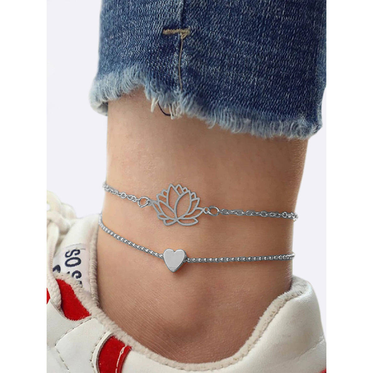 OOMPH Silver Tone Lotus and Heart Anklet For Women Stylish Latest (Pack of 2)
