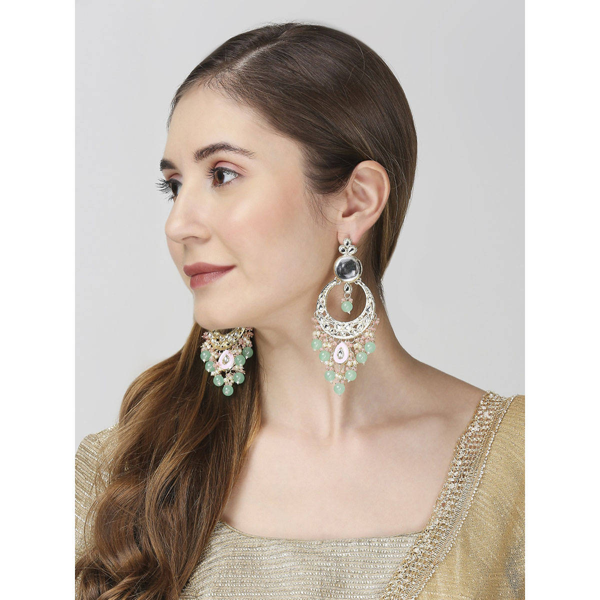 OOMPH Pink and Mint Green Kundan Jadu Drop Chandbali Earrings