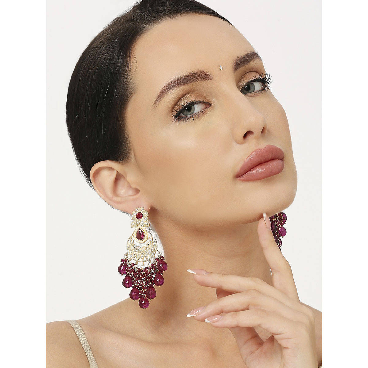 OOMPH Wine Beads and Kundan Ethnic Drop Earrings For Women