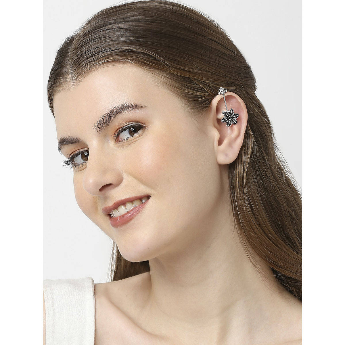 OOMPH Pair of Oxidised Silver Floral Ethnic Ear Cuff Earrings For Women