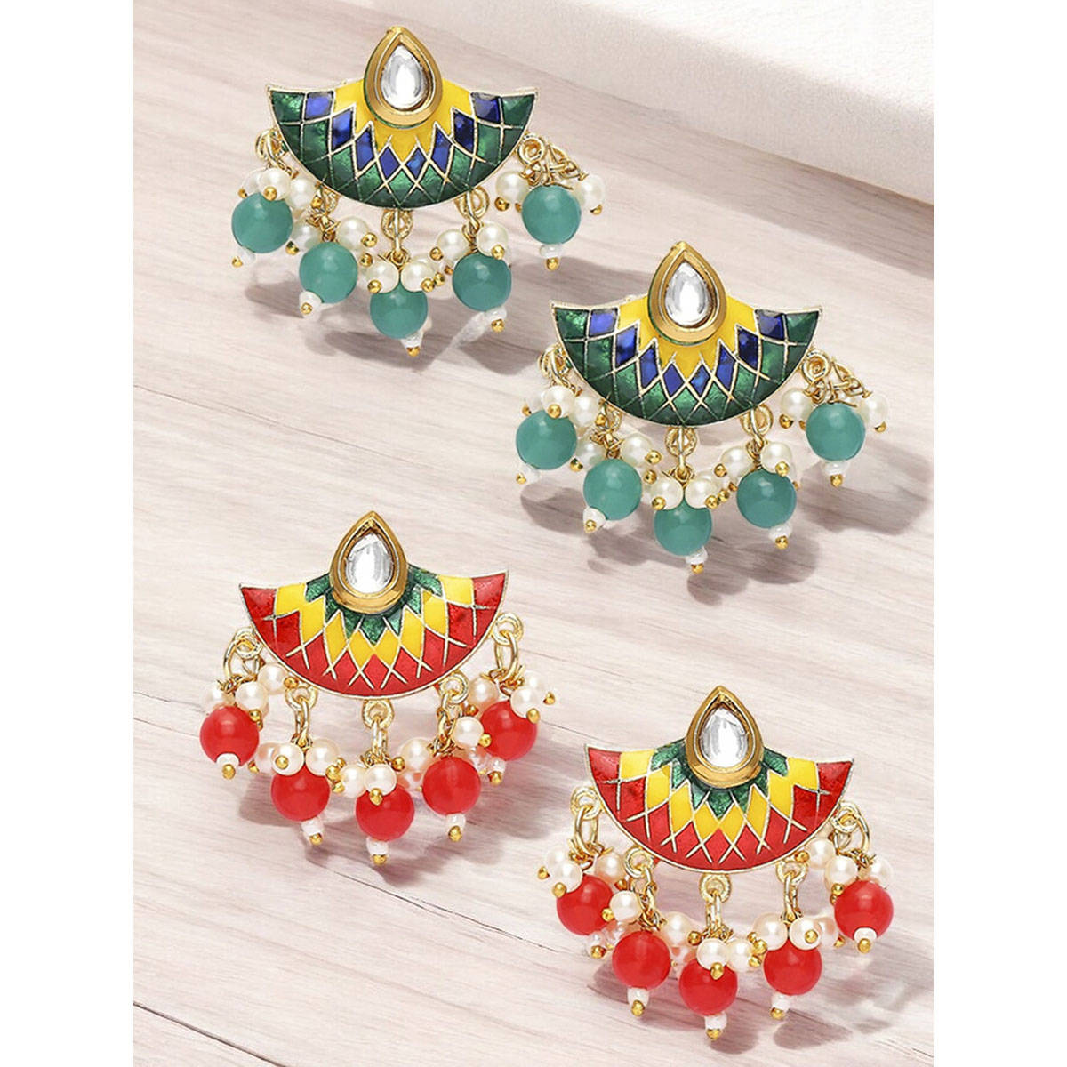 OOMPH Minakari Ethnic Green and Red Floral Drop Earrings for Women (Pack of 2)