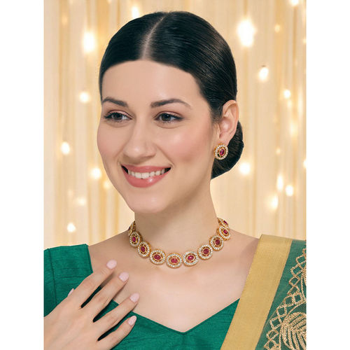 Buy OOMPH Ruby and White Kemp Stone Indo-Western Choker Necklace