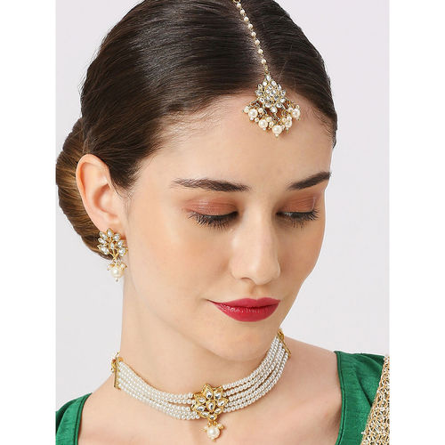 Buy OOMPH Gold Tone Kundan and Pearls Multilayer Necklace Set with