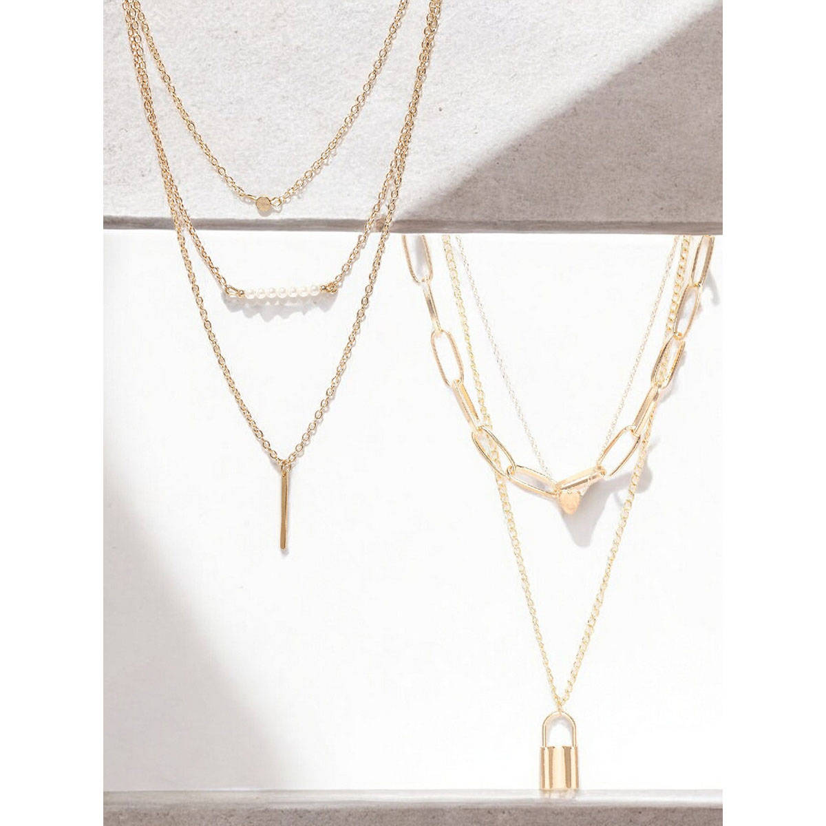 OOMPH Gold Link Chain Lock and Beads Multi Layer Necklace For Women (Pack of 2)