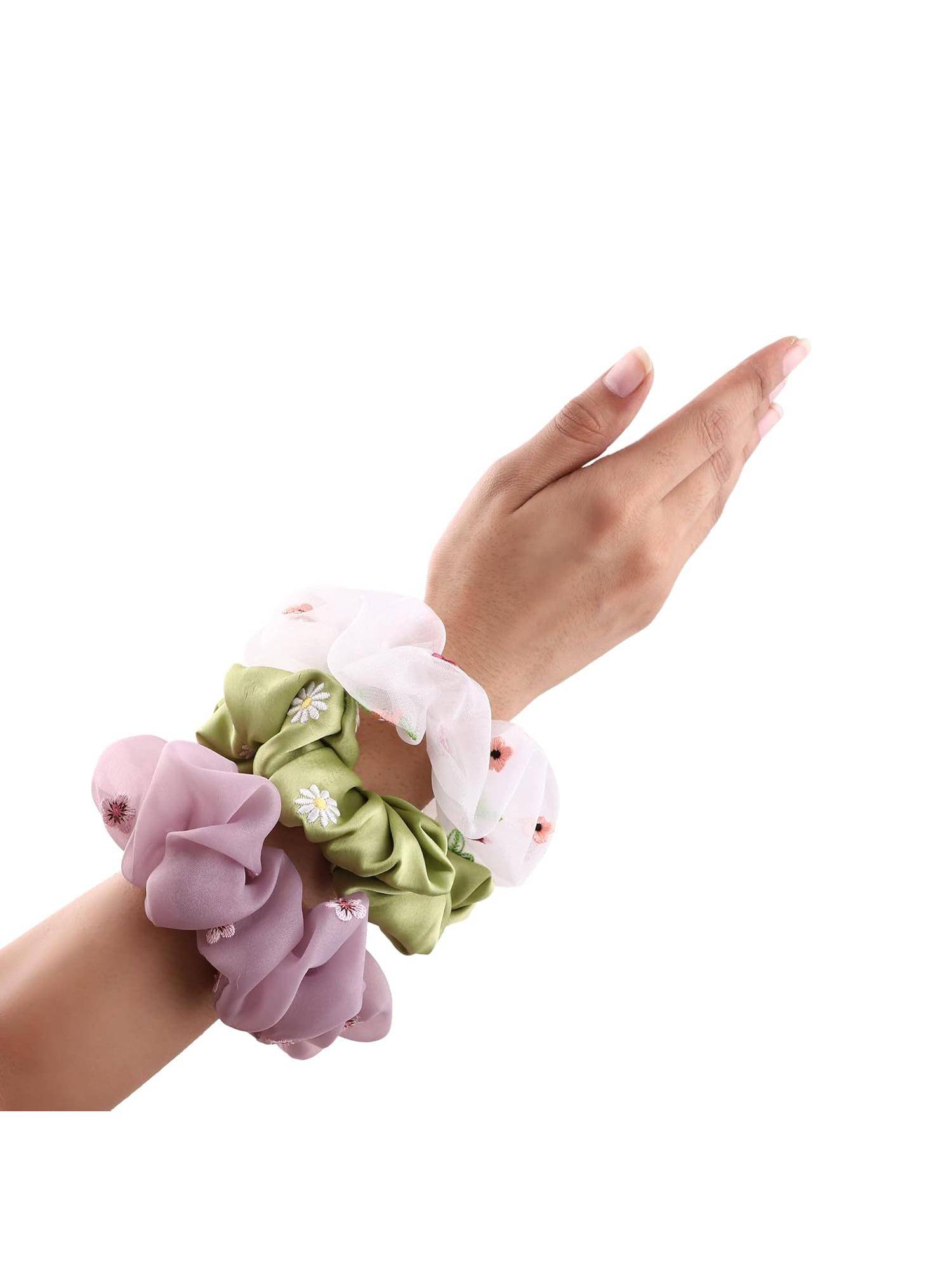 MasQ Women's Silk Blossom Embroidered Scrunchies (Pack of 3)