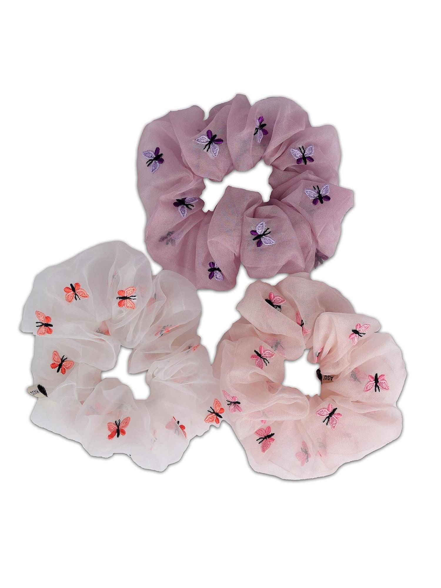 MasQ Women's Silk Butterfly Embroidered Scrunchies (Pack of 3)