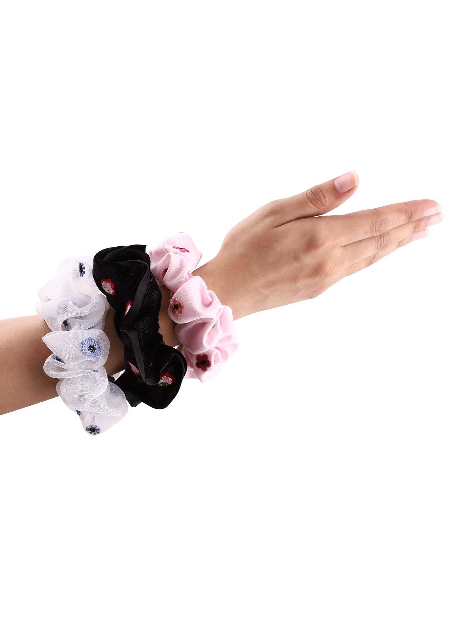 MasQ Women's Silk Floral Embroidered Scrunchies (Pack of 3)