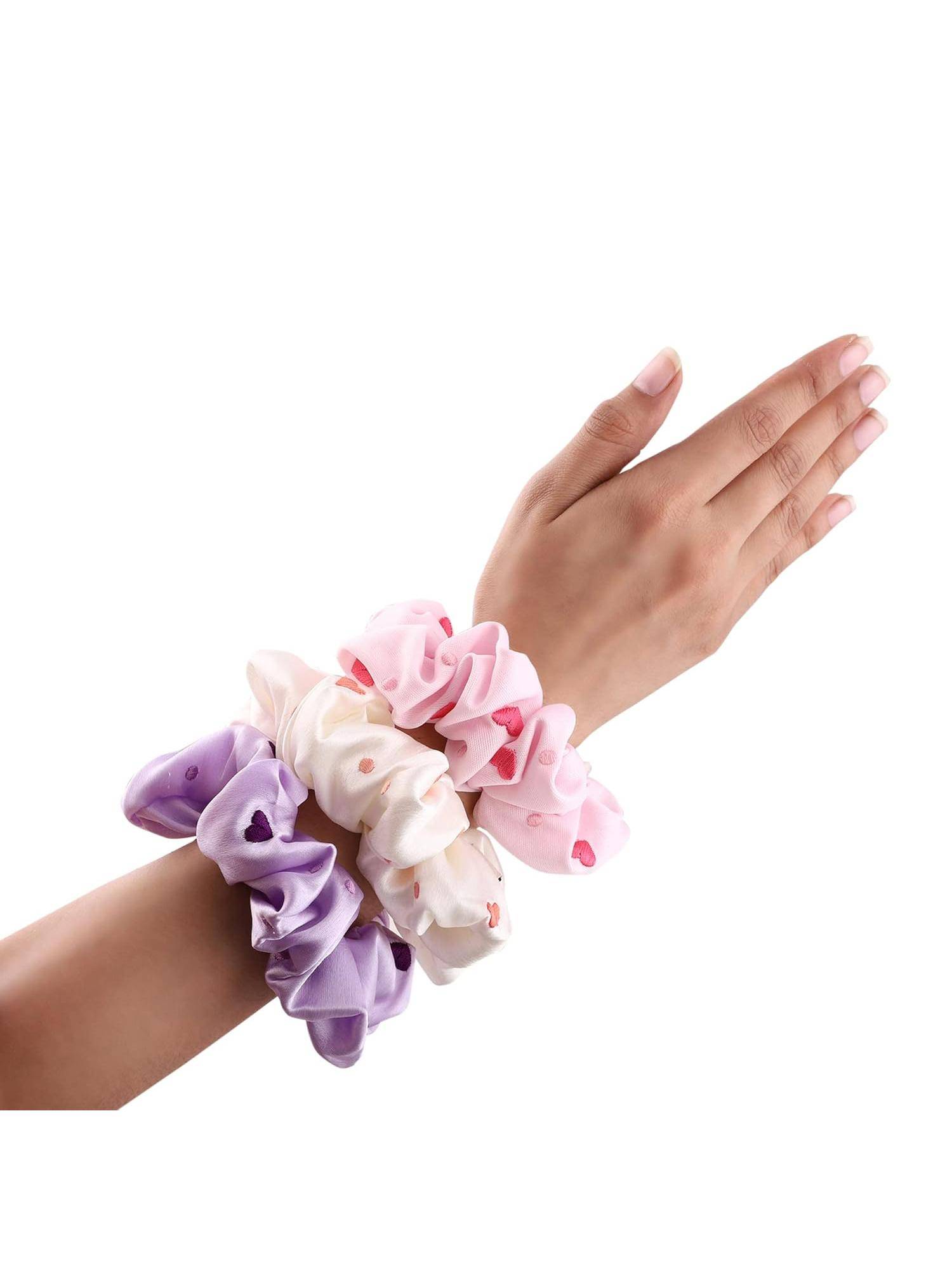 MasQ Women's Silk Hearts Embroidered Scrunchies (Pack of 3)