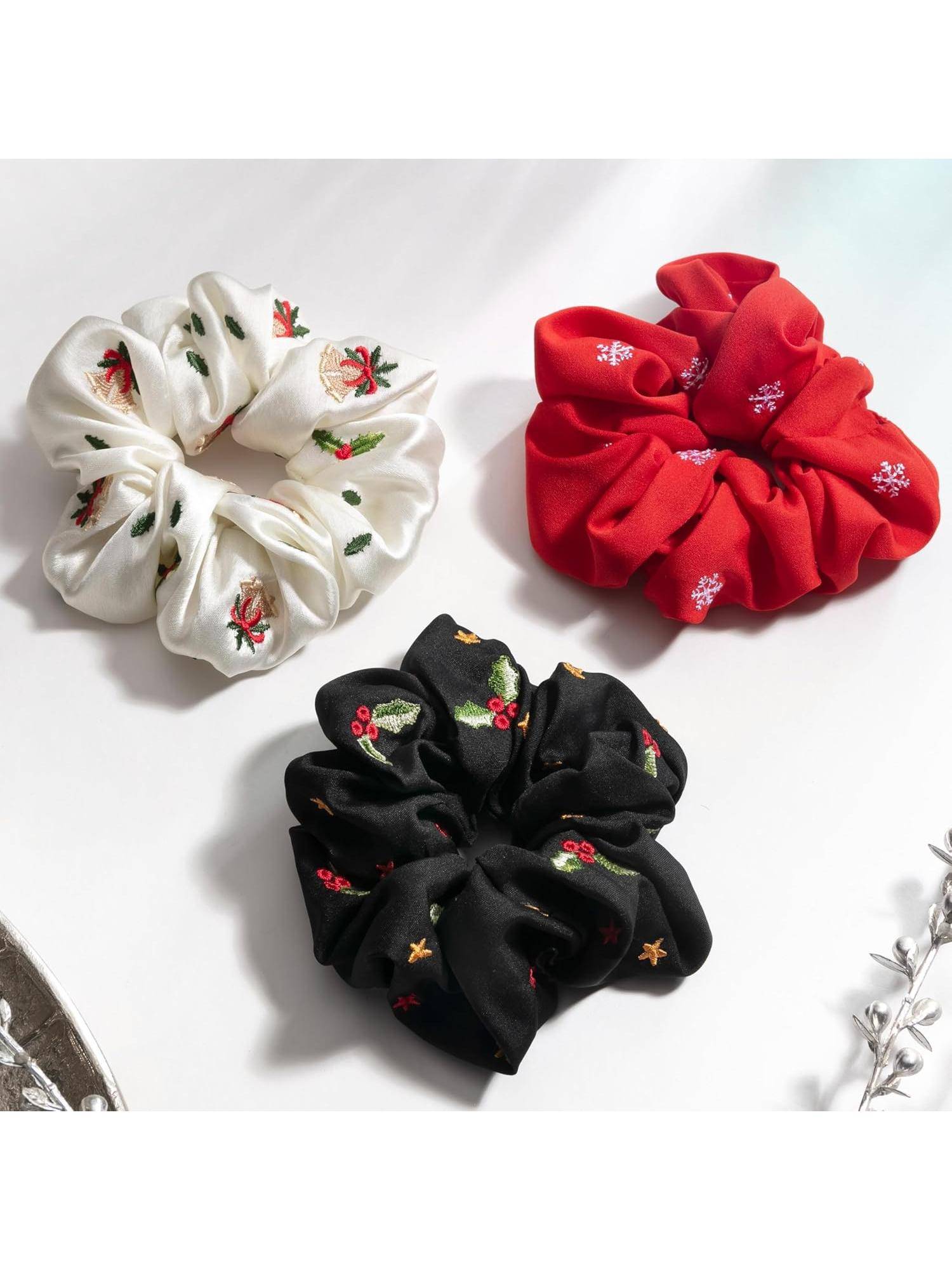 MasQ Women's Silk Winter Embroidered Scrunchies (Pack of 3)