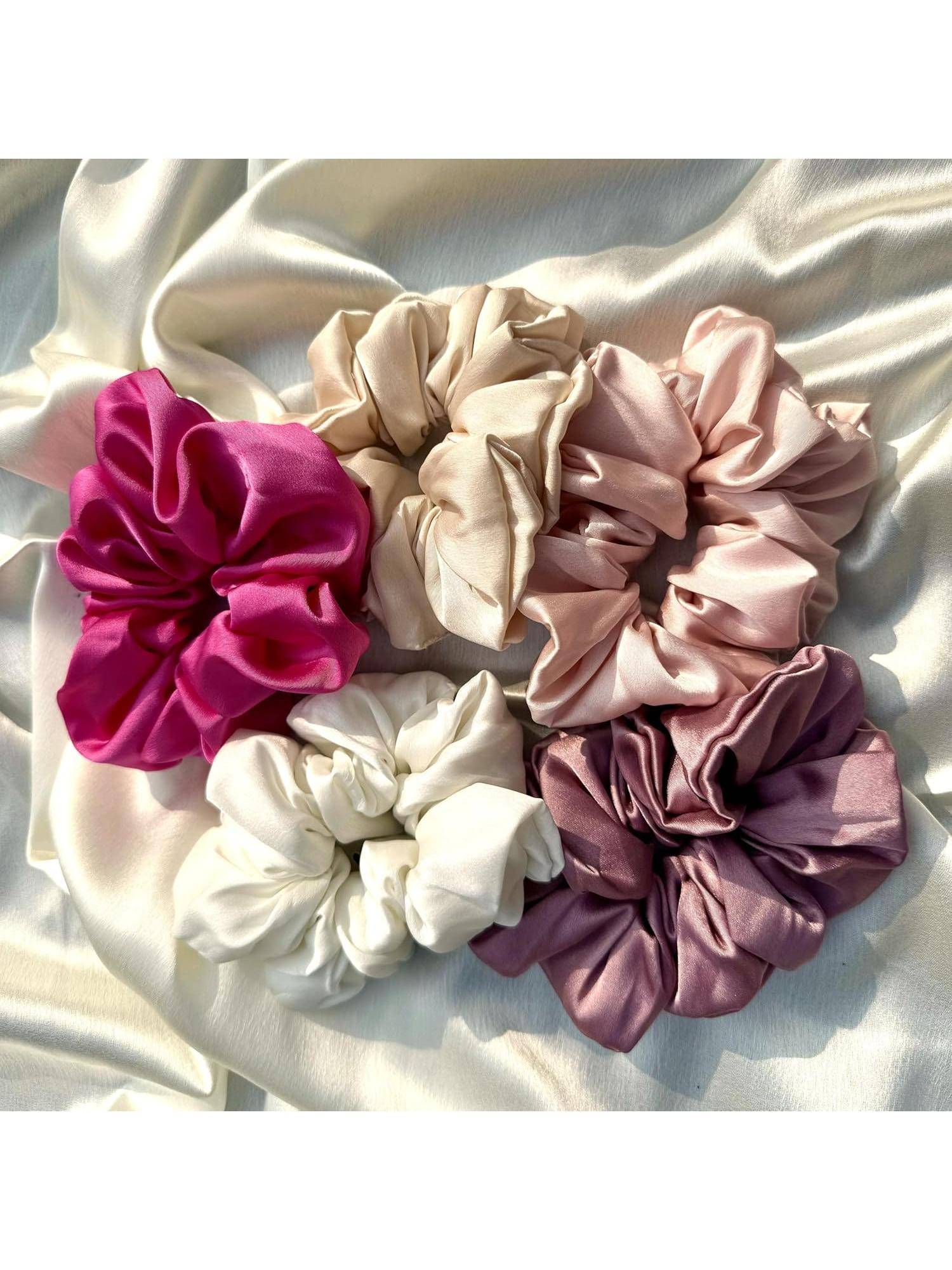 MasQ Women's Silk Satin Solid/Plain Scrunchies (Pack of 5)