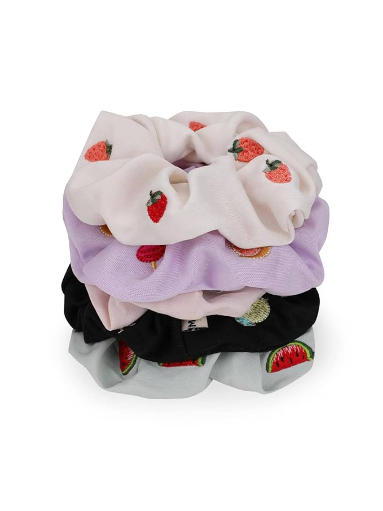 MasQ Women's Silk Goldilocks Embroidered Scrunchies (Pack of 5)