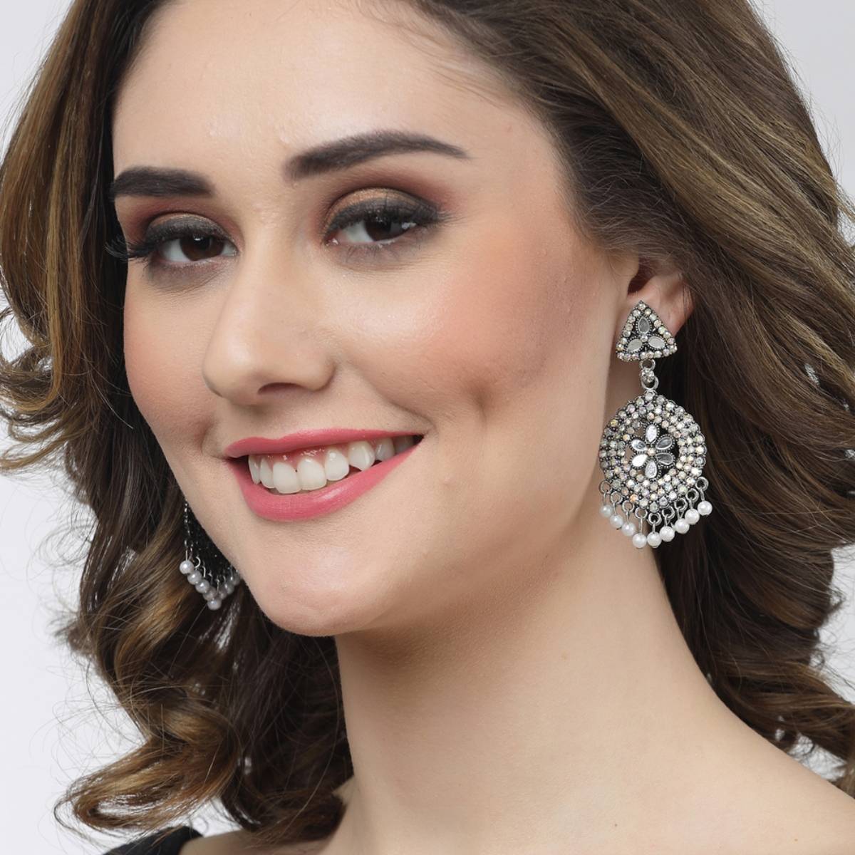 Moedbuille Crystals Studded Antique Design Oxidised Silver Plated Drop Earrings