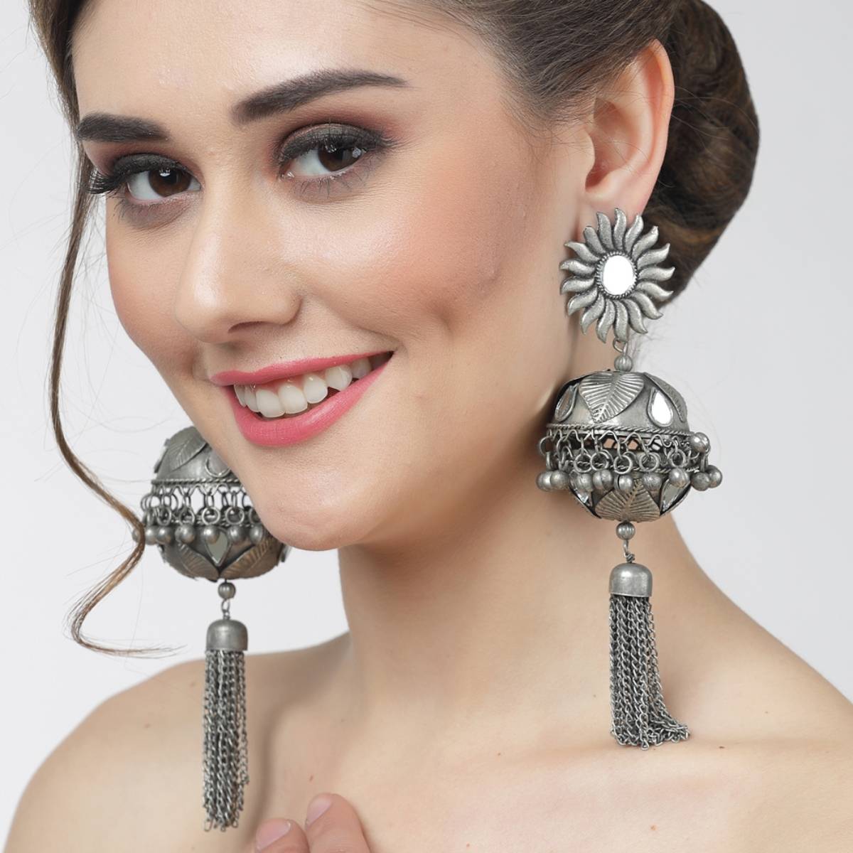 Moedbuille Mirrors Studded Antique Design Oxidised Silver Plated Handcrafted Tasselled Earrings