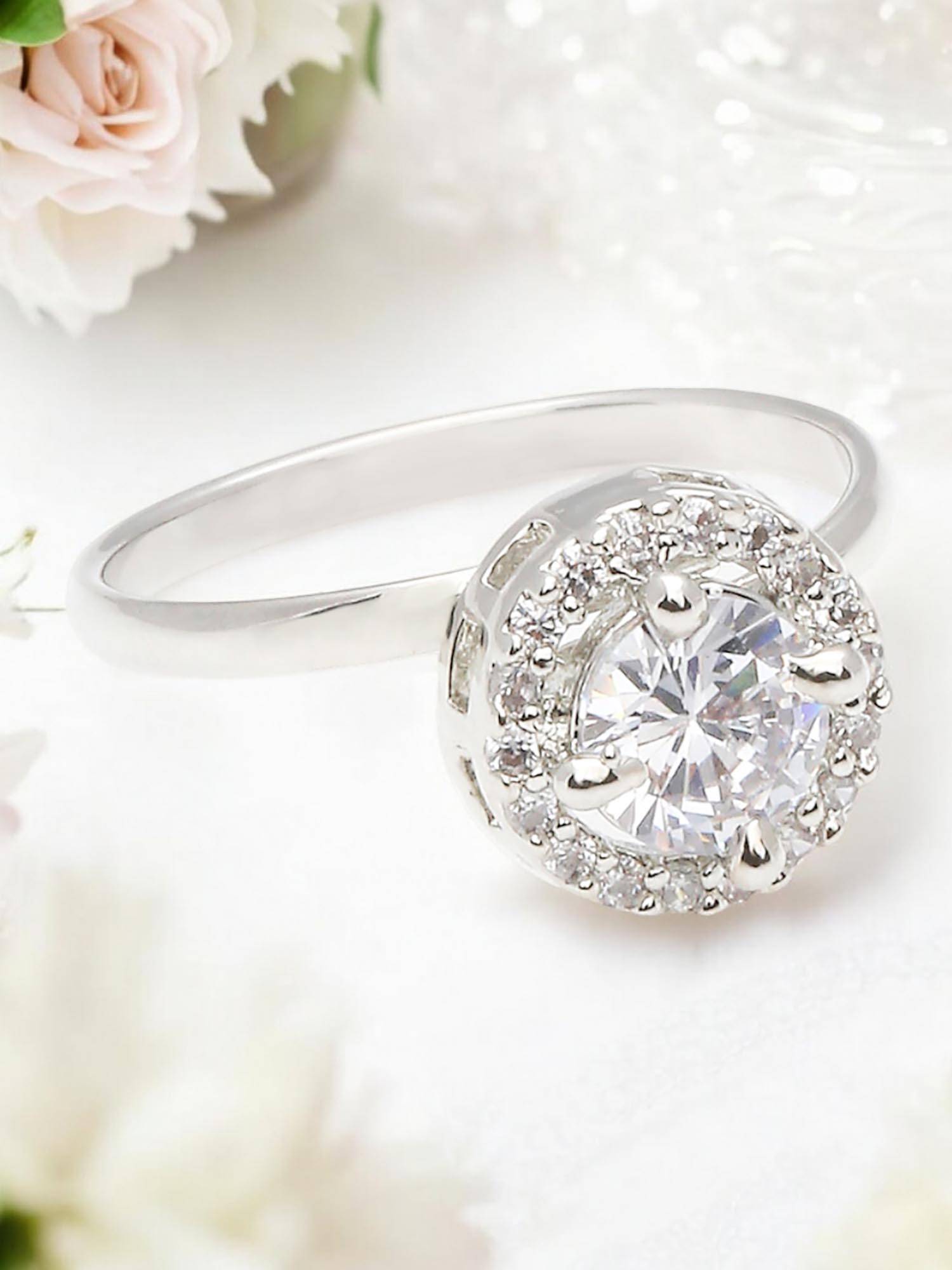 Fabula Silver Anti Tarnish Solitaire Cubic Zirconia Engagement Ring