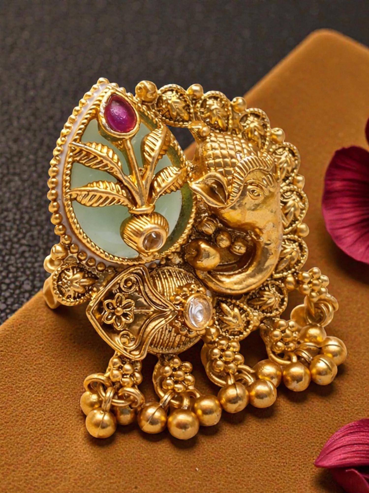 OOMPH Gold Kashmiri Ring - Ganesh Rajwadi Design with Ghungroo (8)