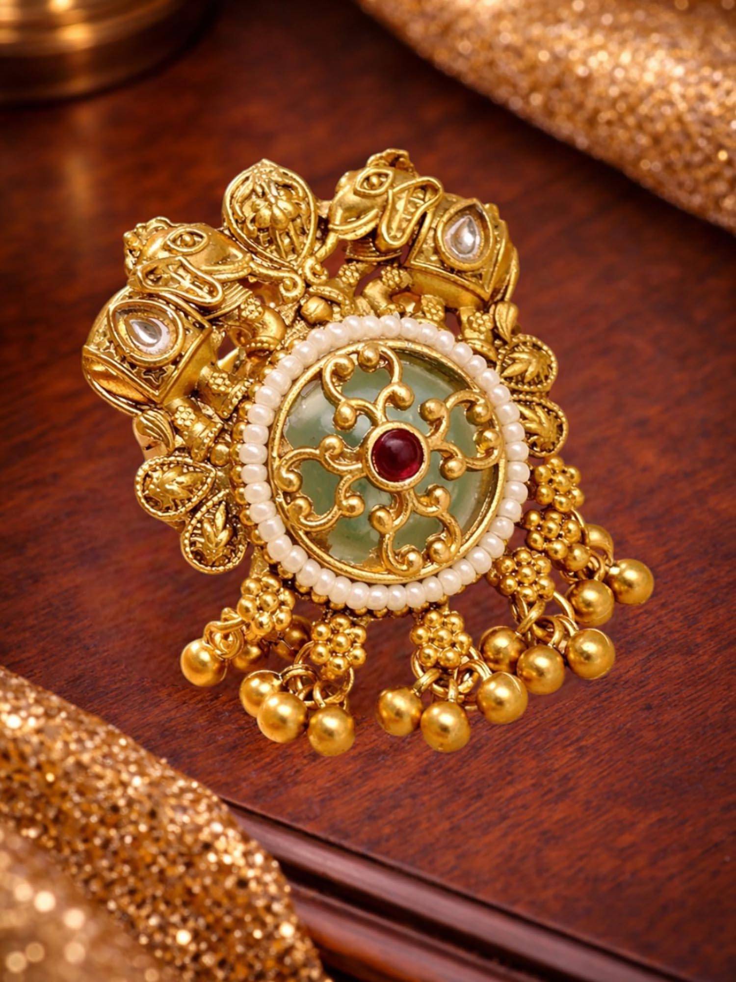 OOMPH Gold Kashmiri Ring - Elephant Rajwadi Design with Ghungroo (8)