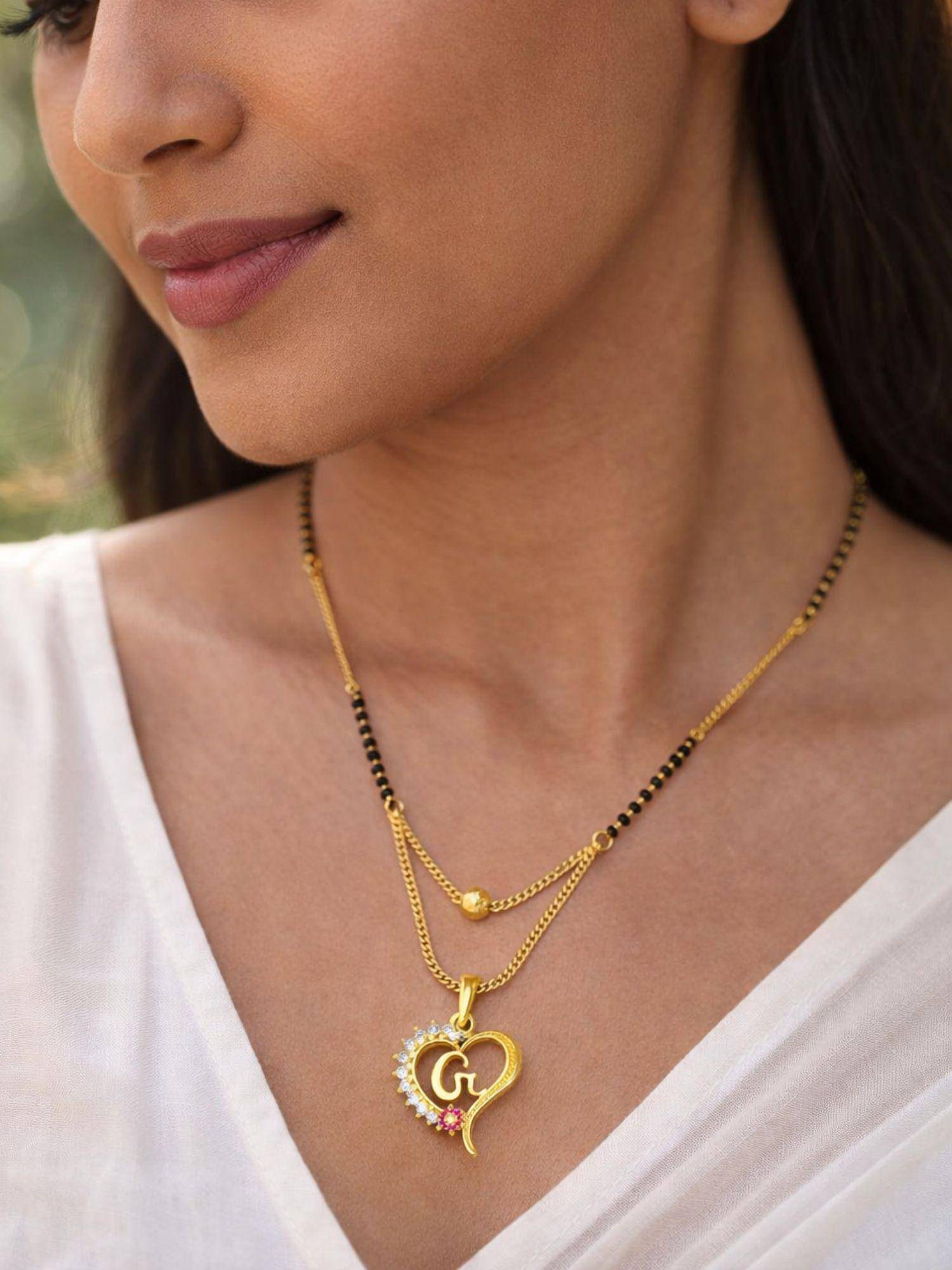 Digital Dress Room Heart Pendant G Letter Cursive Ad Short Mangalsutra Design For Women