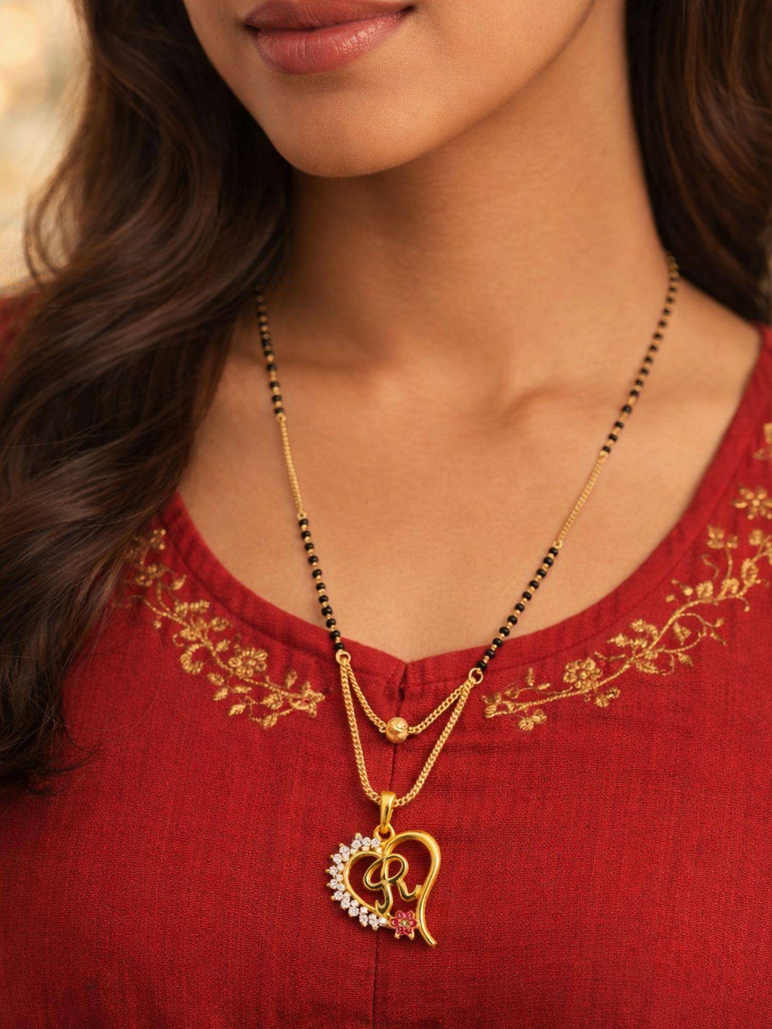 Digital Dress Room Heart Pendant R Letter Cursive Ad Short Mangalsutra Design For Women