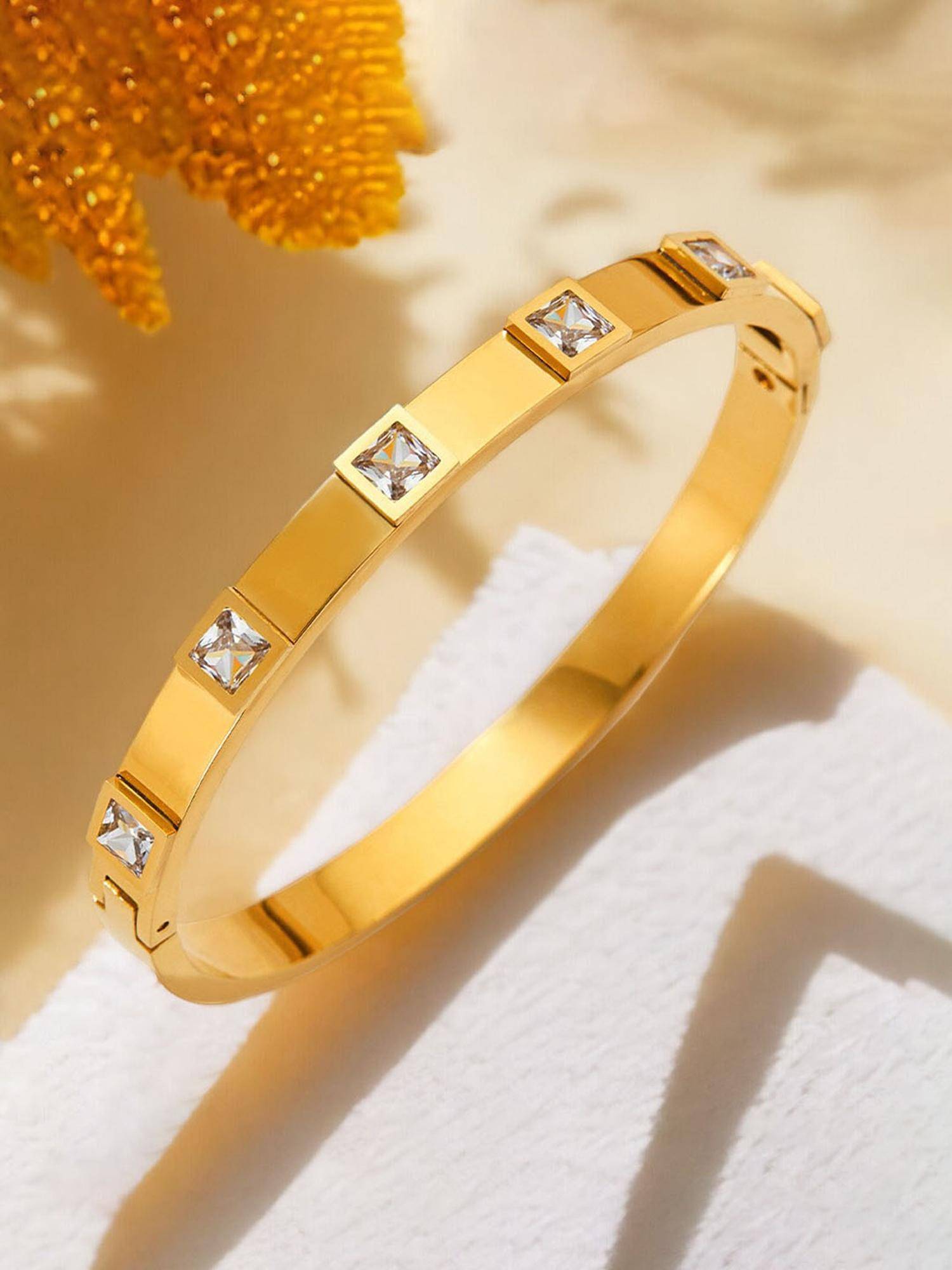 Designs & You Women Stainless Steel Gold-Plated White Square American Diamond Kada