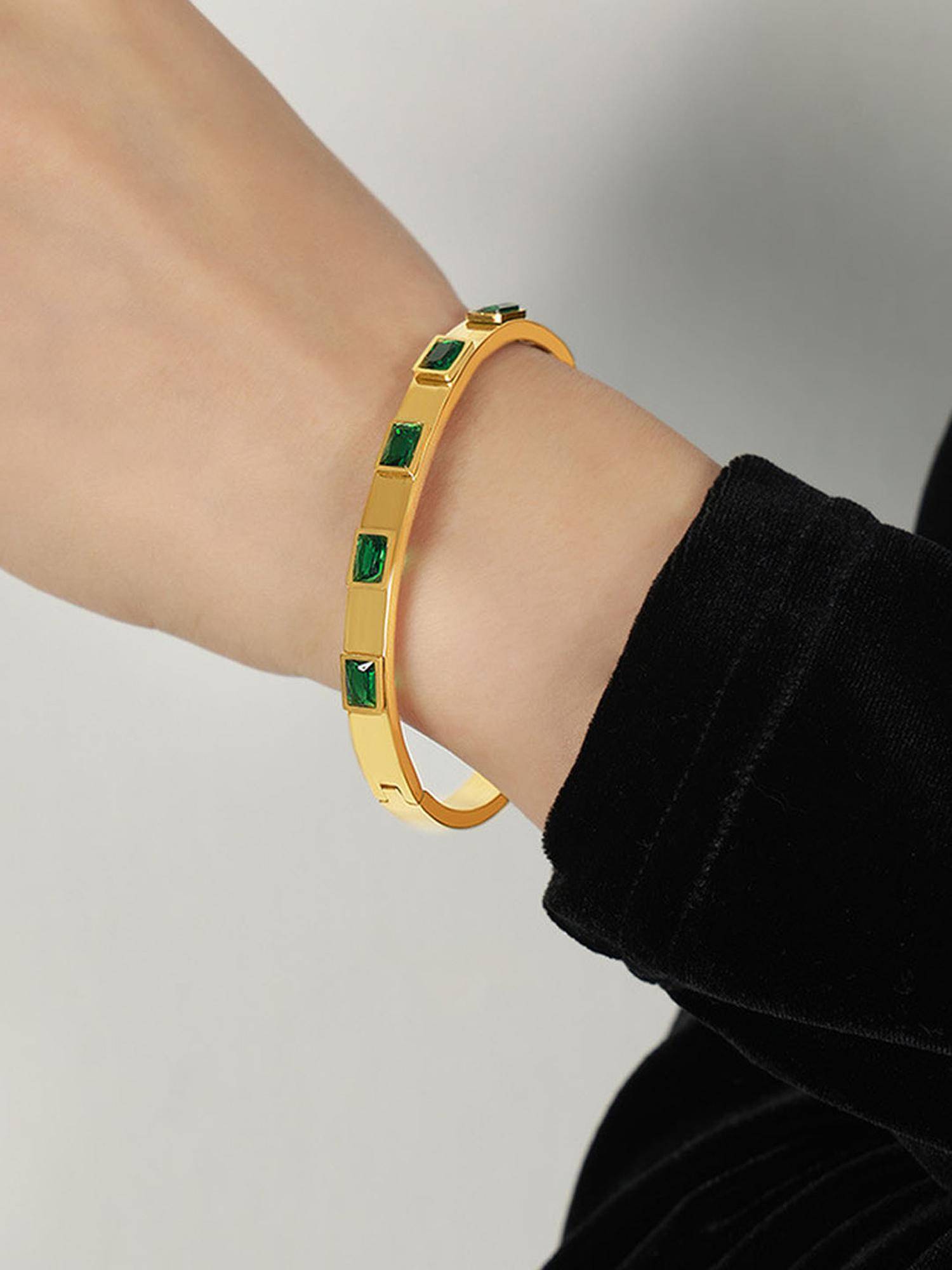 Designs & You Women Stainless Steel Gold-Plated Green Rectangular American Diamond Kada