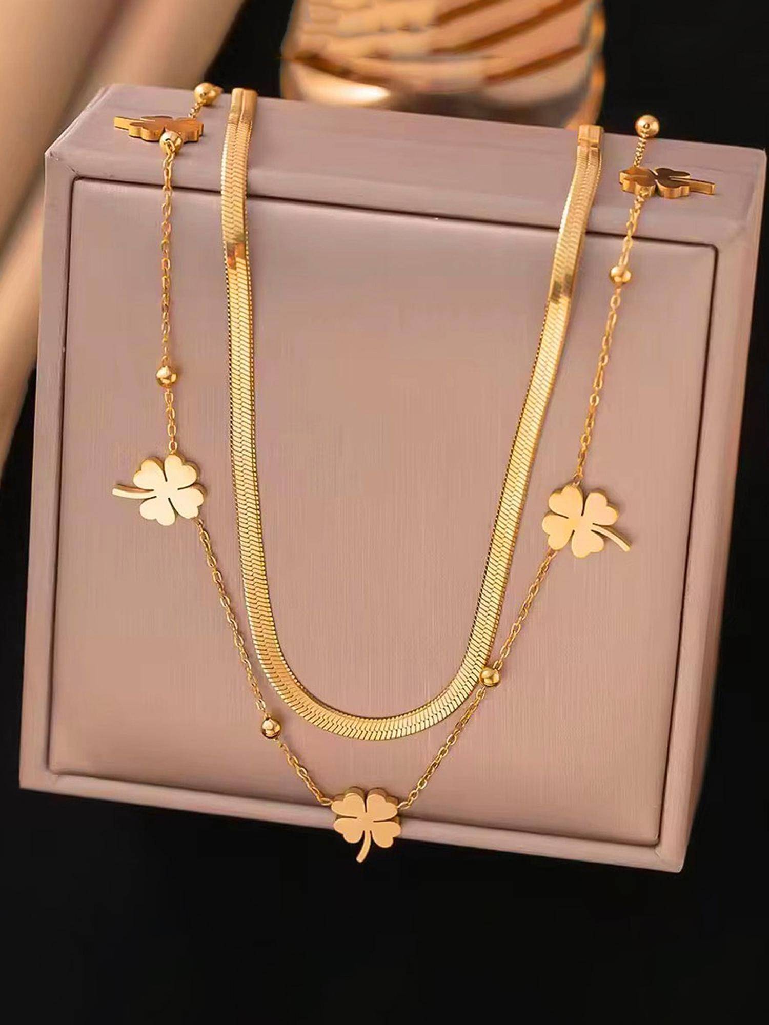 Designs & You Gold Plated Anti Tarnish Stainless Steel Clover Themed Layered Necklace