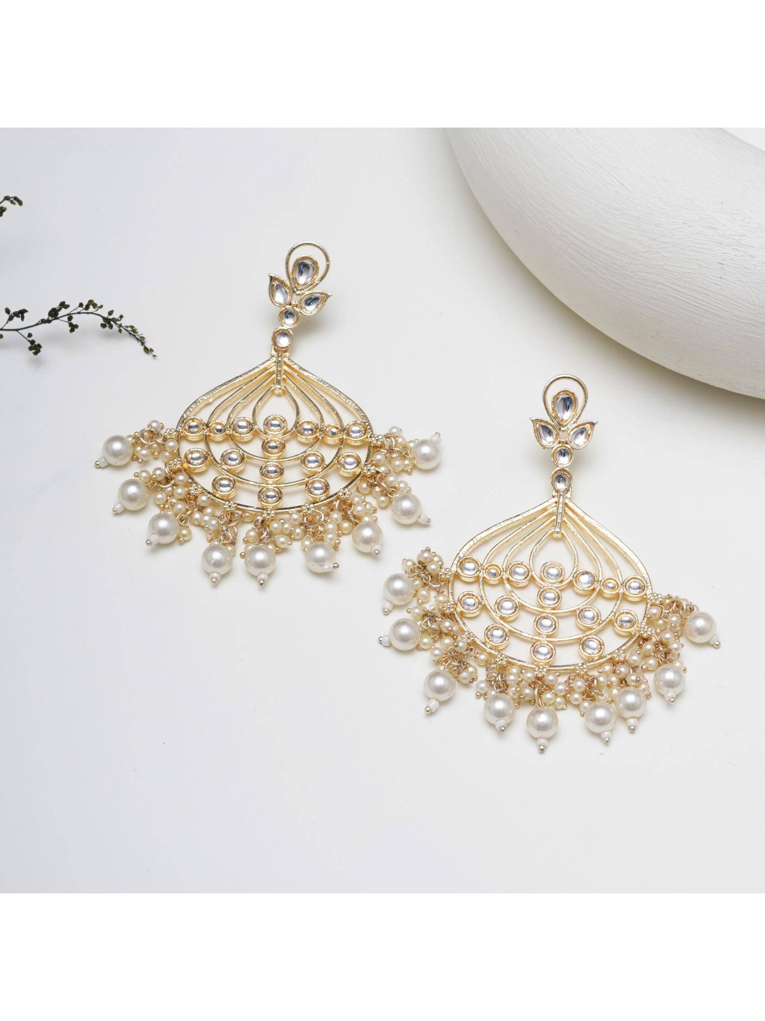 BeAbhika Gold-Toned Pearl Chandbali Earrings with Kundan Detailing