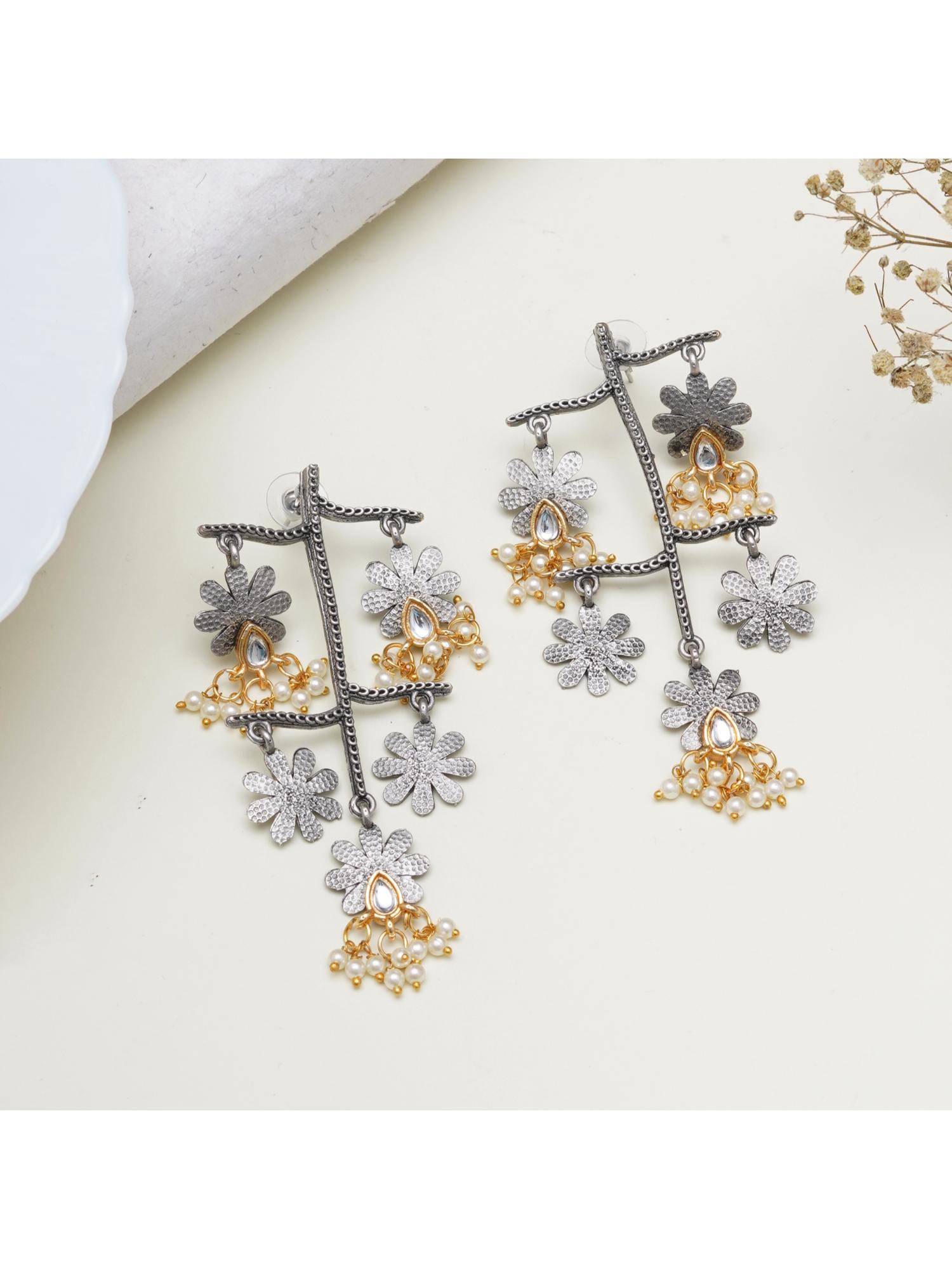 BeAbhika Oxidised Multi-Layered Flower Earrings with Kundan Teardrop and Pearls