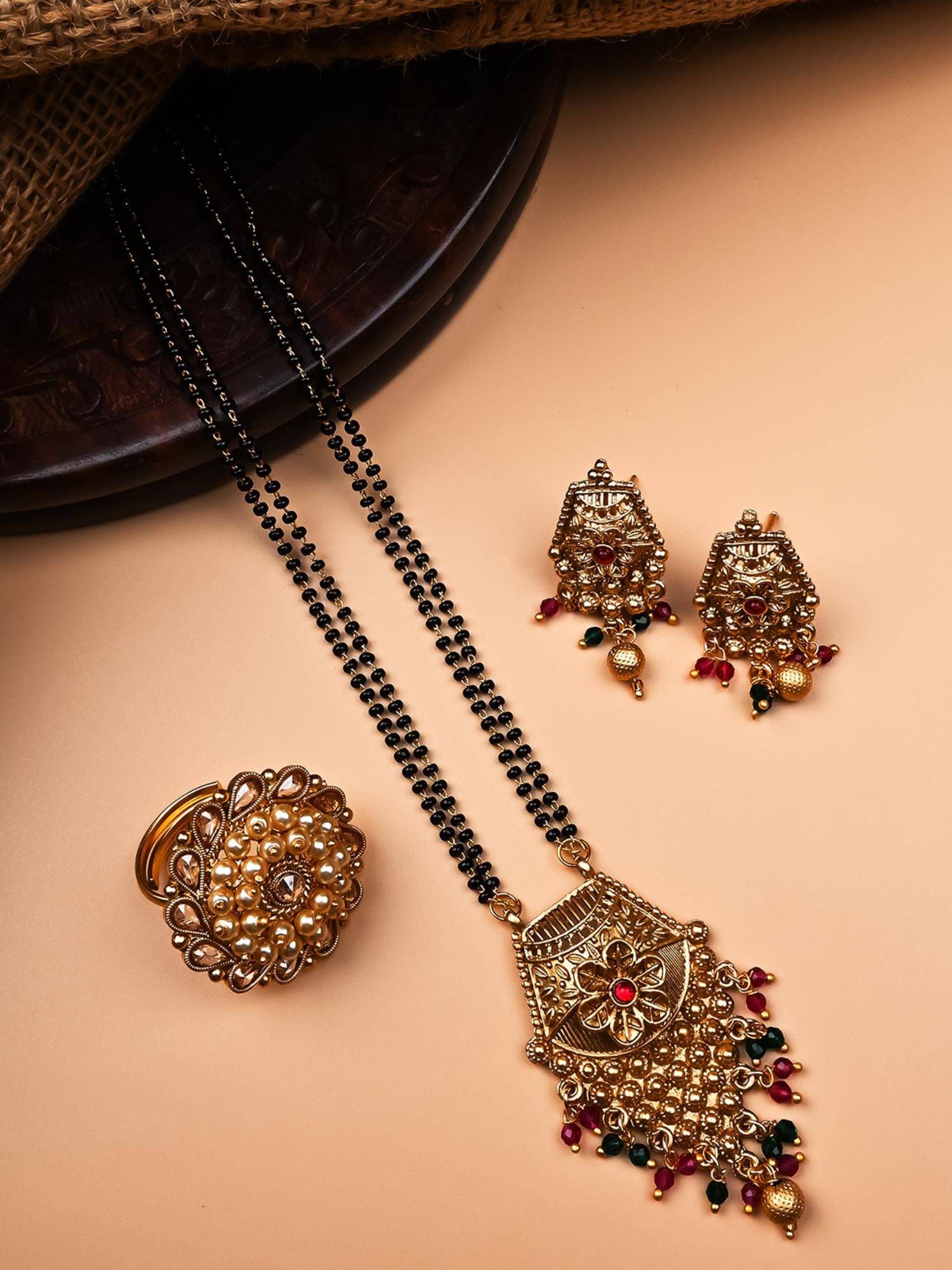 STILEADDA Multicolor Pushp Mangalsutra and Earrings with Adjustable Polki Ring