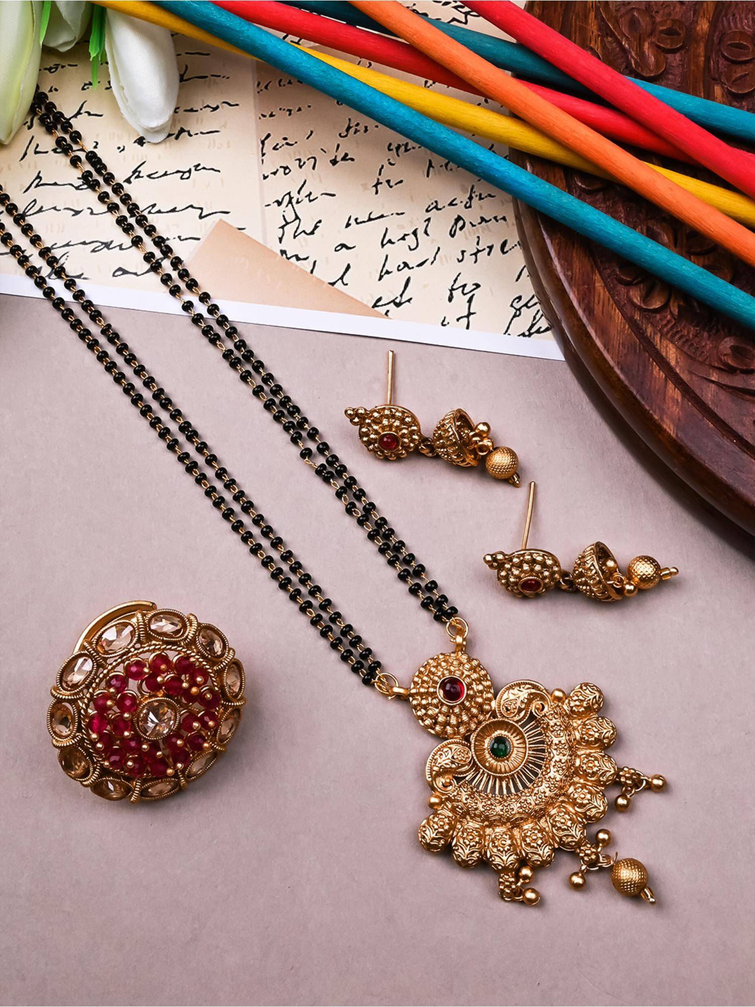 STILEADDA Gold Mangalasutra with Earrings and Red Polki Ring