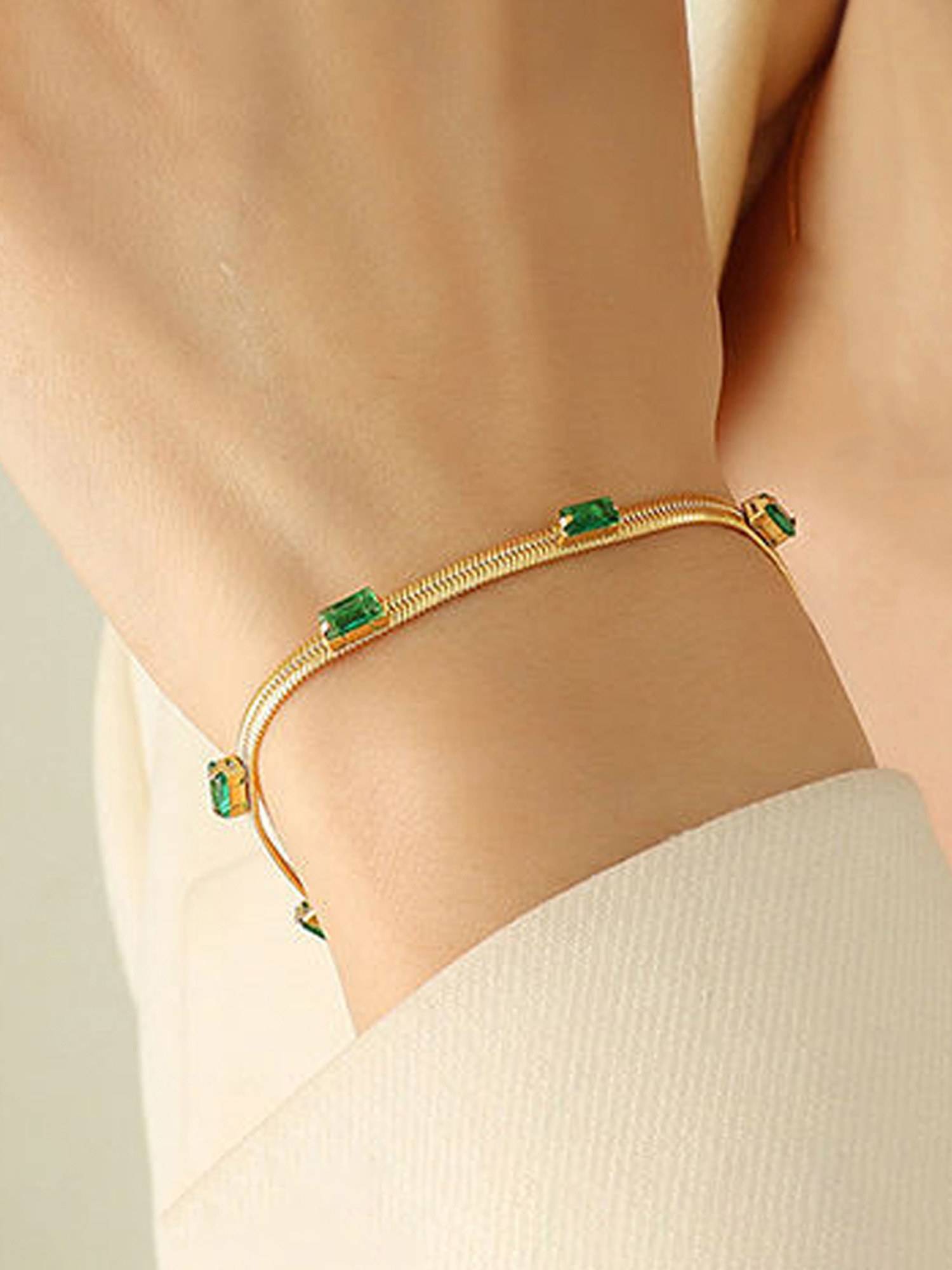 Jewels Galaxy Gold Plated Stainless Steel Snake Chain Green Emerald Bracelet