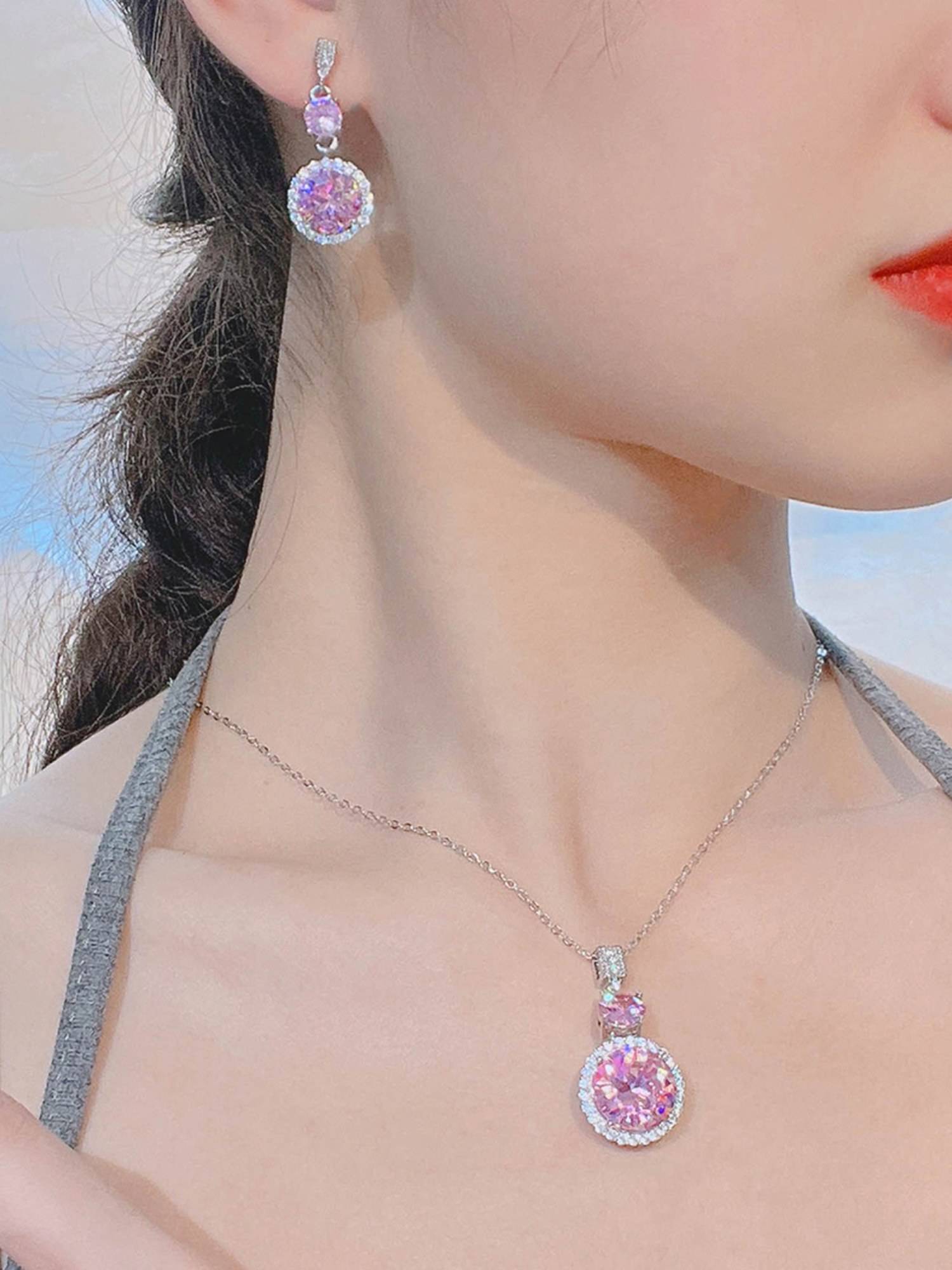 Jewels Galaxy Round Pink Silver Plated Cubic Zirconia Studded Jewellery Set