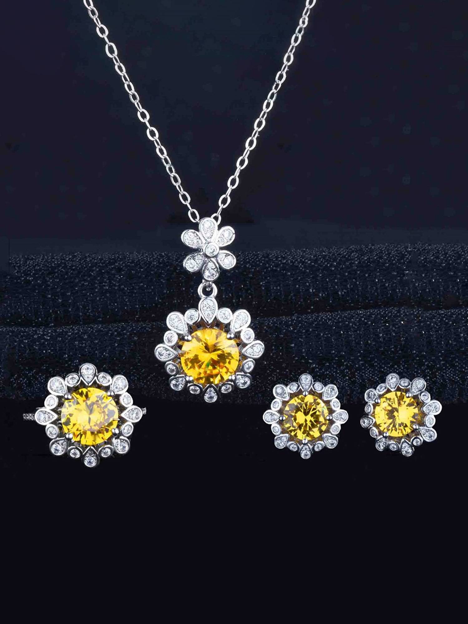 Jewels Galaxy Floral Yellow Silver Plated Cubic Zirconia Studded Jewellery Set
