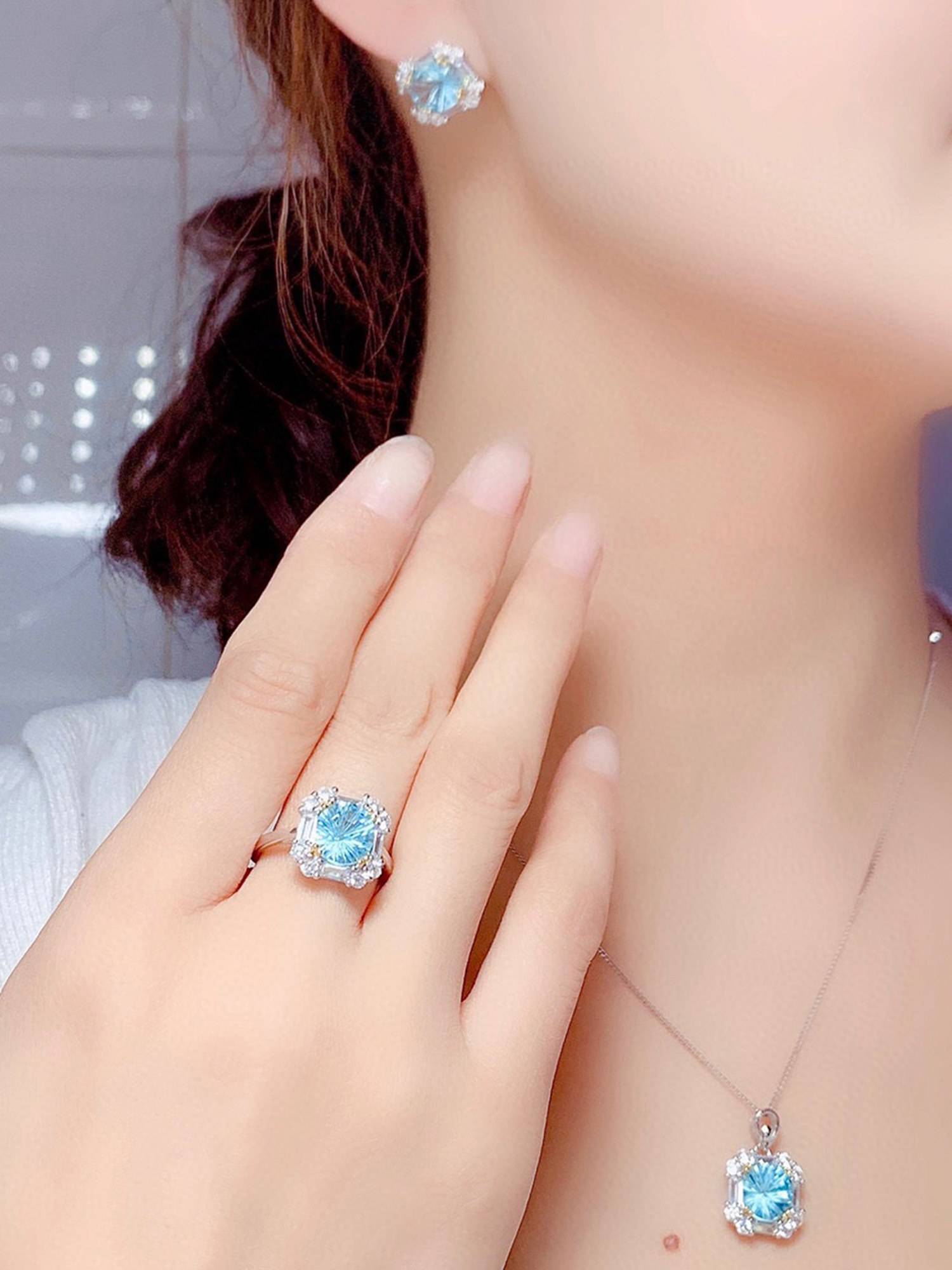 Jewels Galaxy Blue Silver Plated Cubic Zirconia Studded Jewellery Set