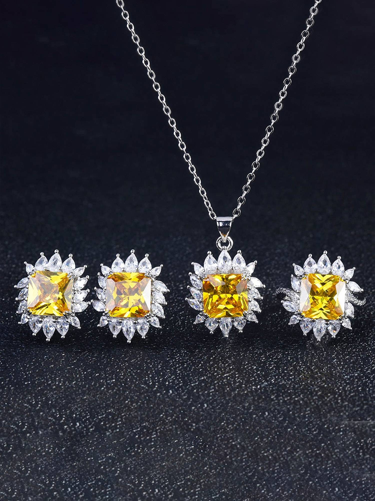 Jewels Galaxy Yellow Silver Plated Cubic Zirconia Studded Jewellery Set