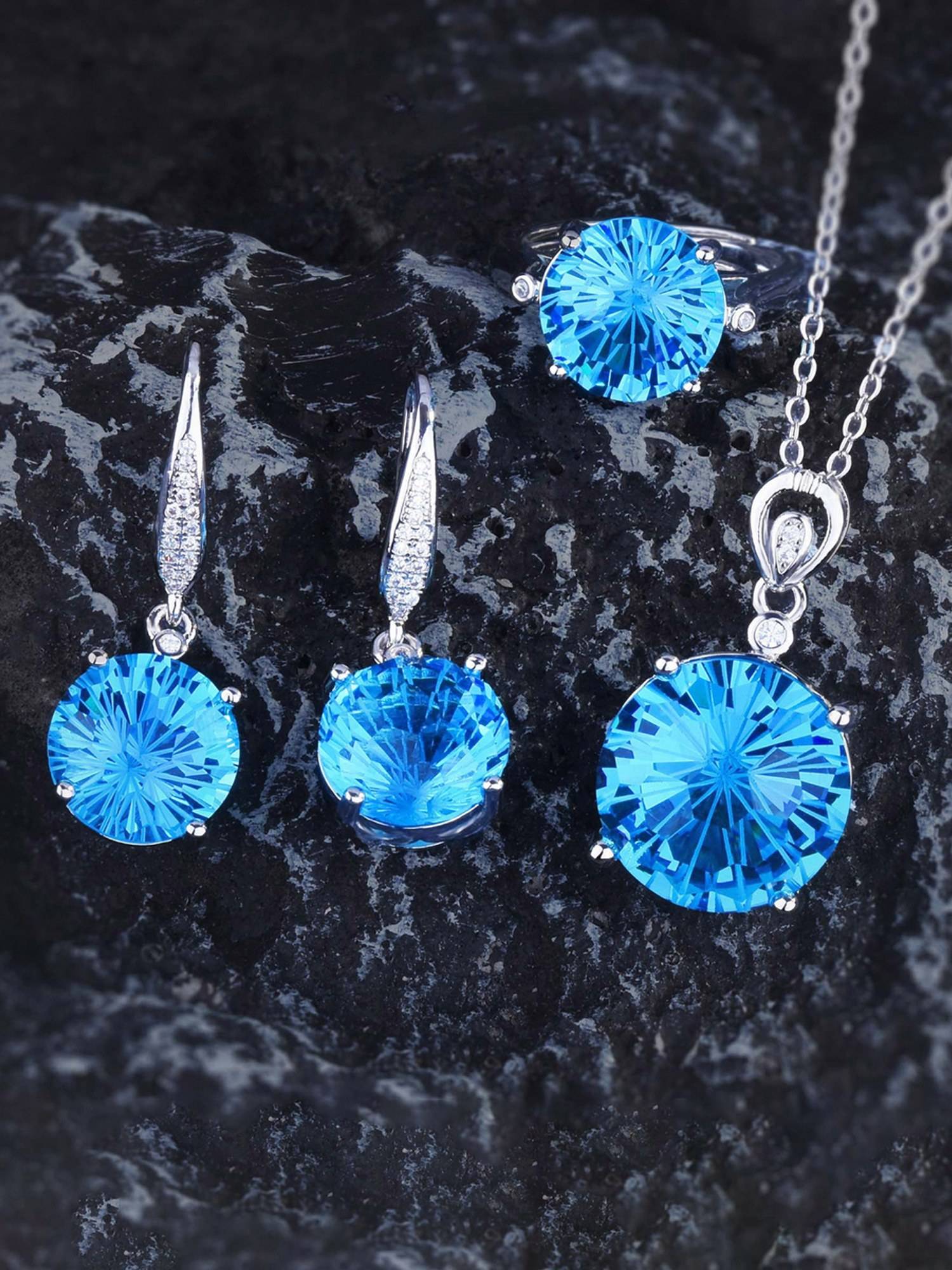 Jewels Galaxy Blue Silver Plated Cubic Zirconia Studded Jewellery Set